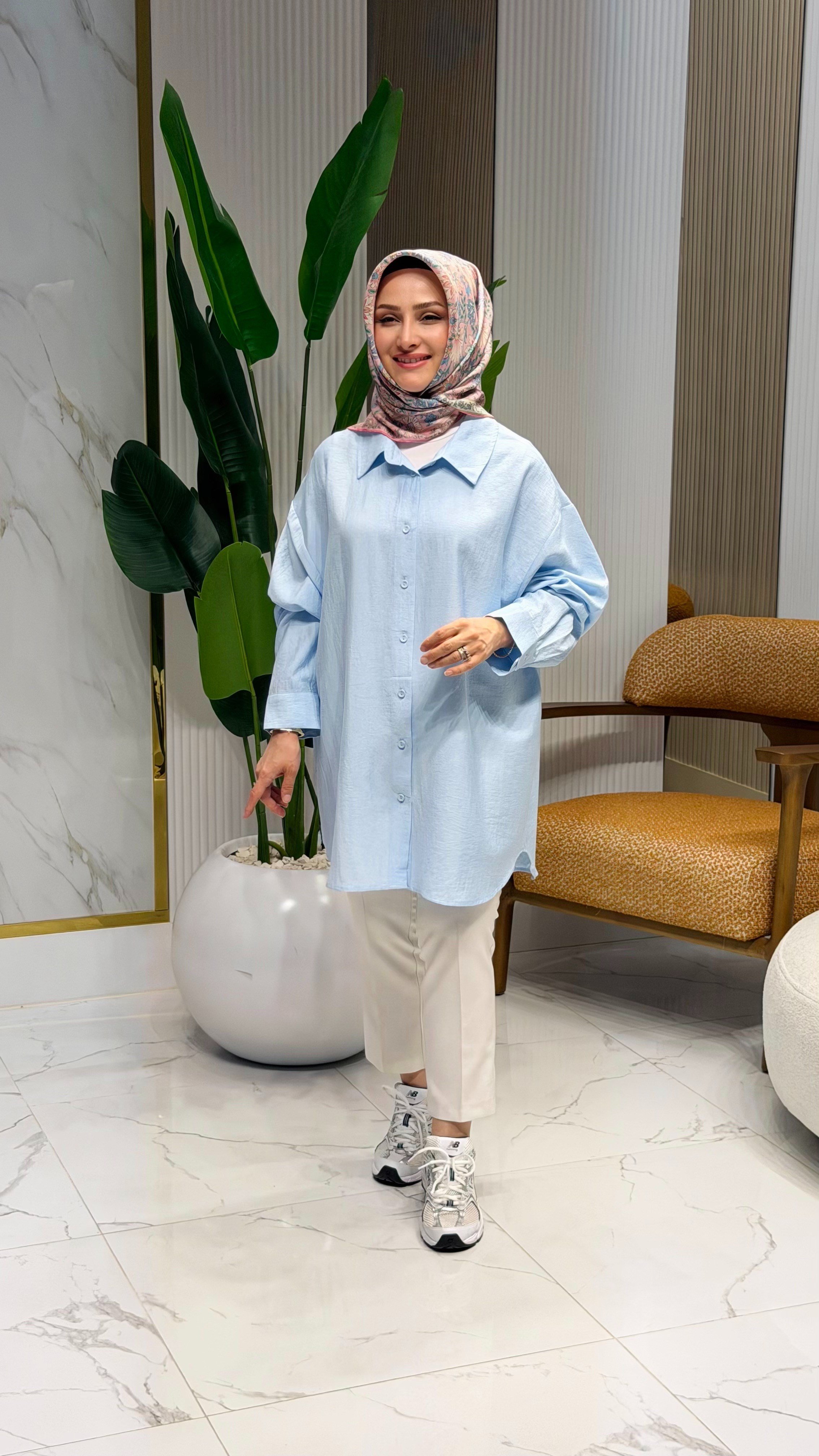 KETEN GÖRÜNÜMLÜ OVERSİZE GÖMLEK MAVİ - 36944