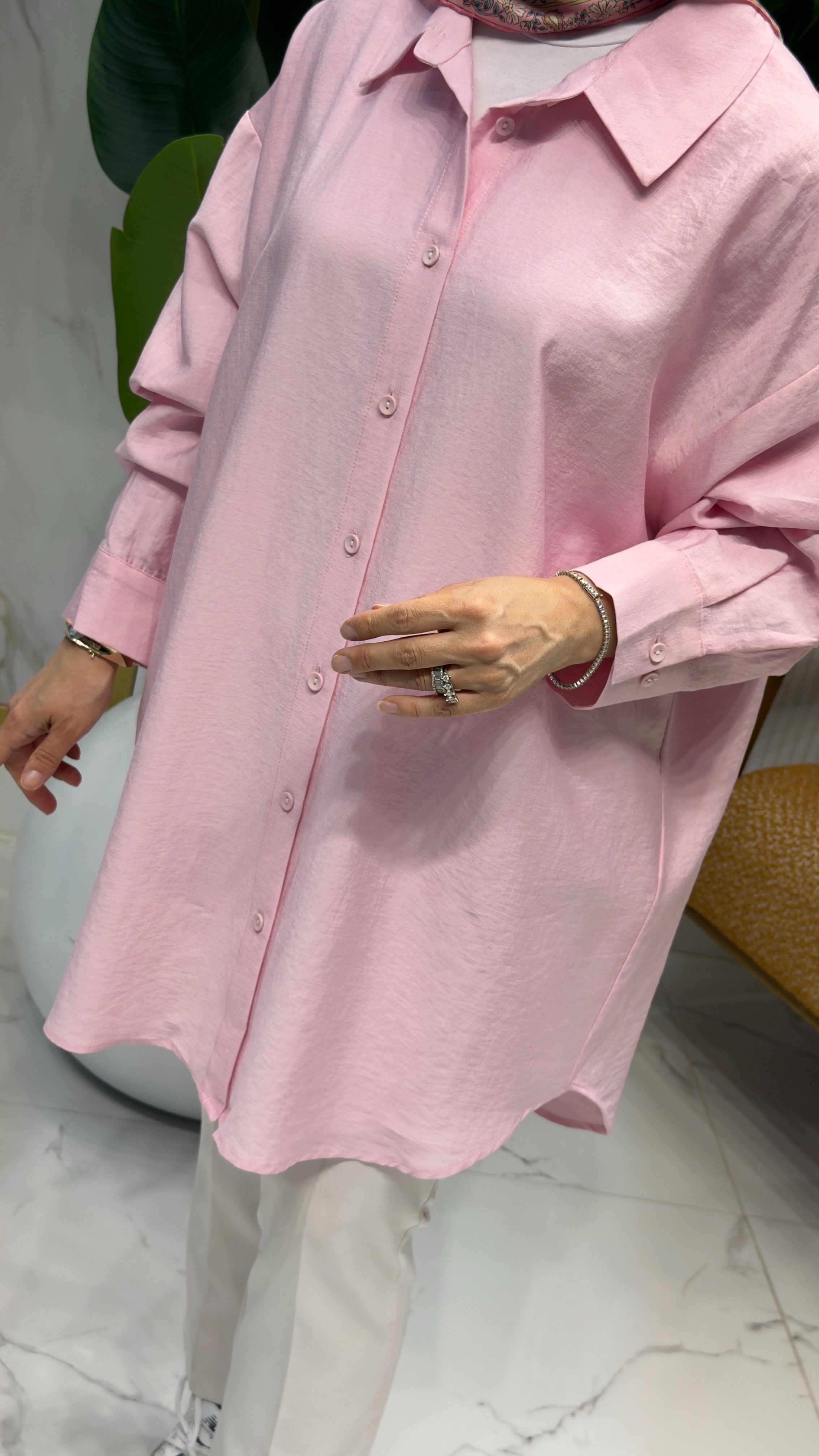 KETEN GÖRÜNÜMLÜ OVERSİZE GÖMLEK PEMBE - 36944