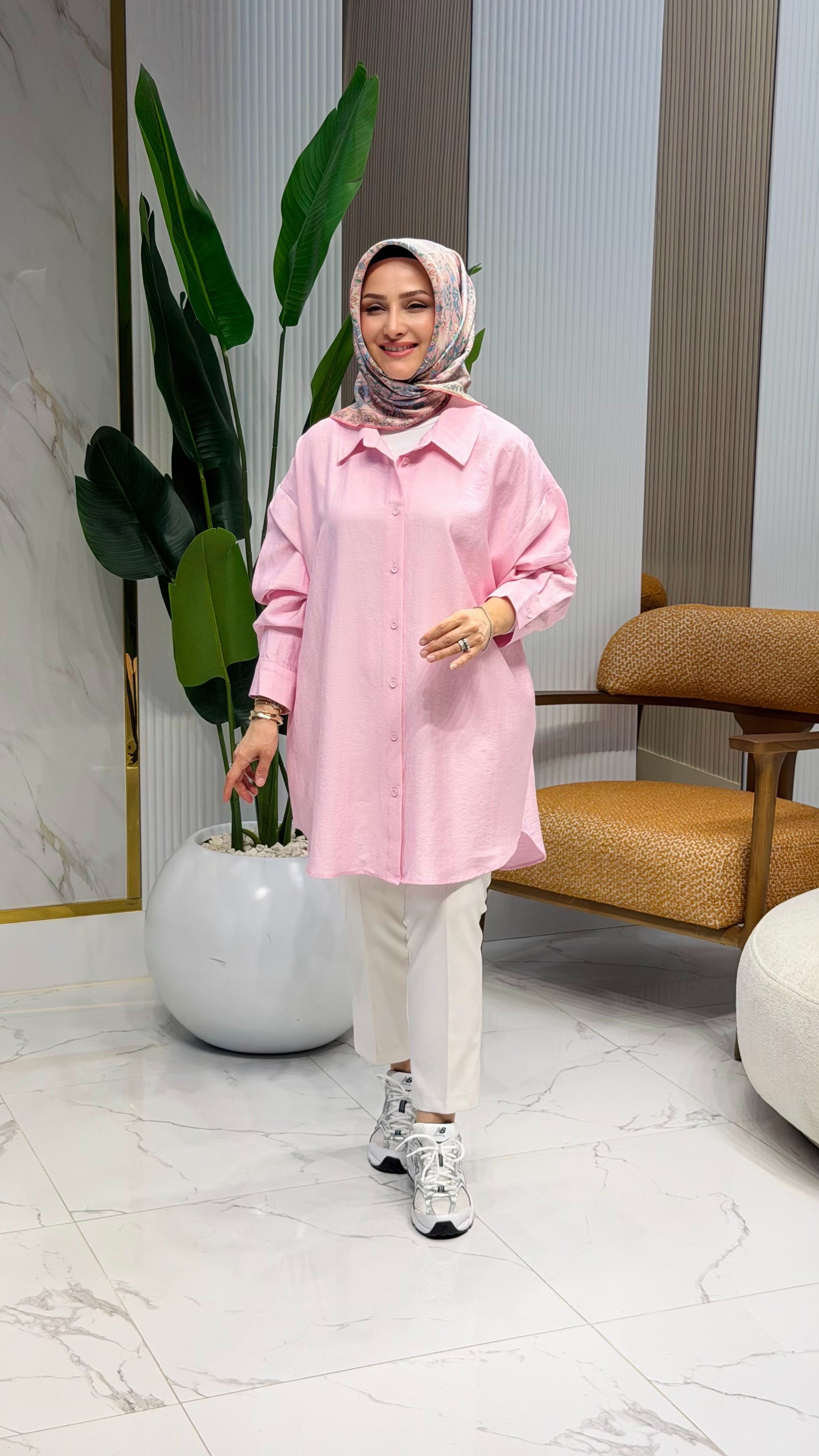 KETEN GÖRÜNÜMLÜ OVERSİZE GÖMLEK PEMBE - 36944