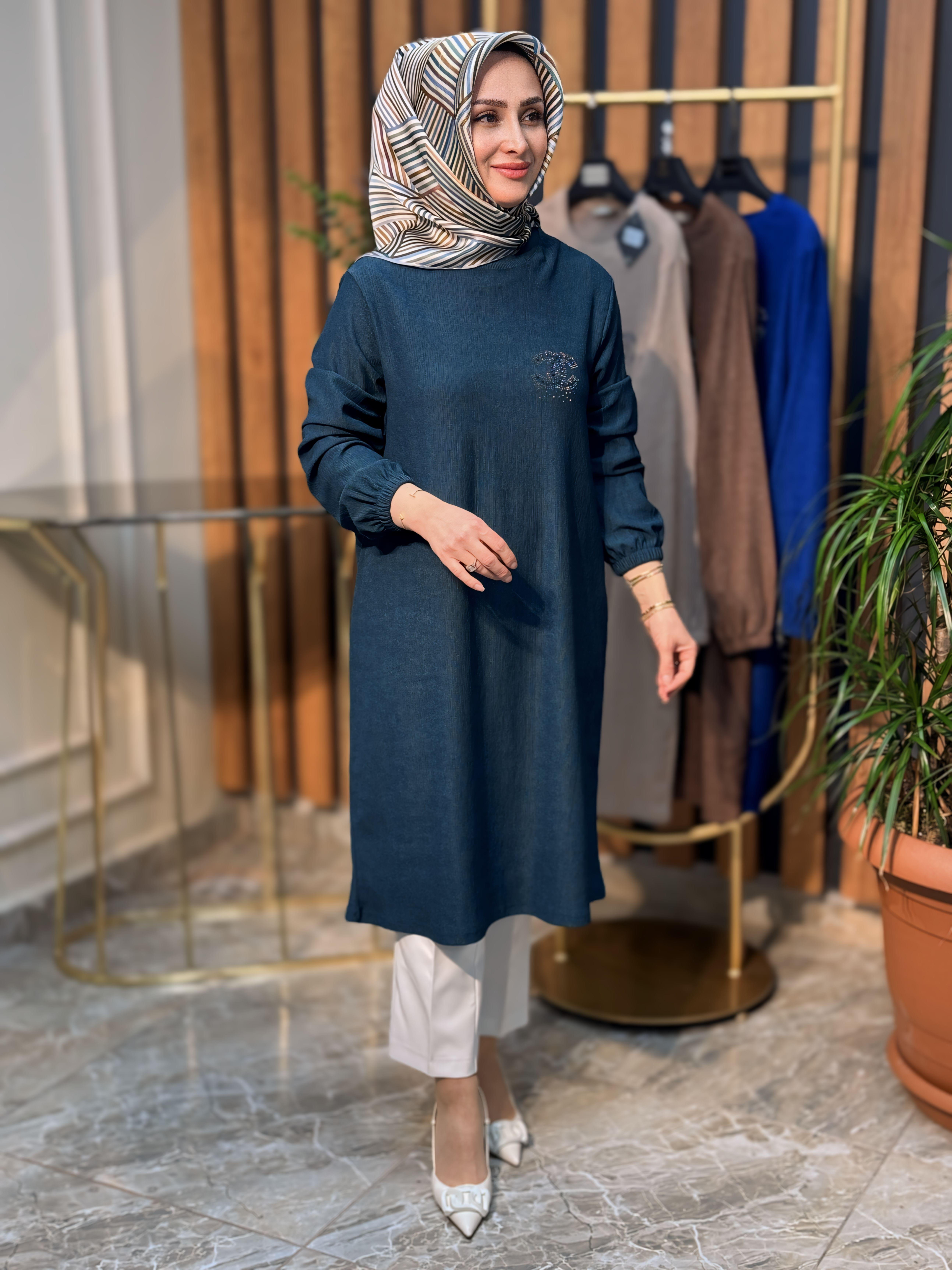 KOL UCU LASTİKLİ TAŞ BASKILI TUNİK 7612