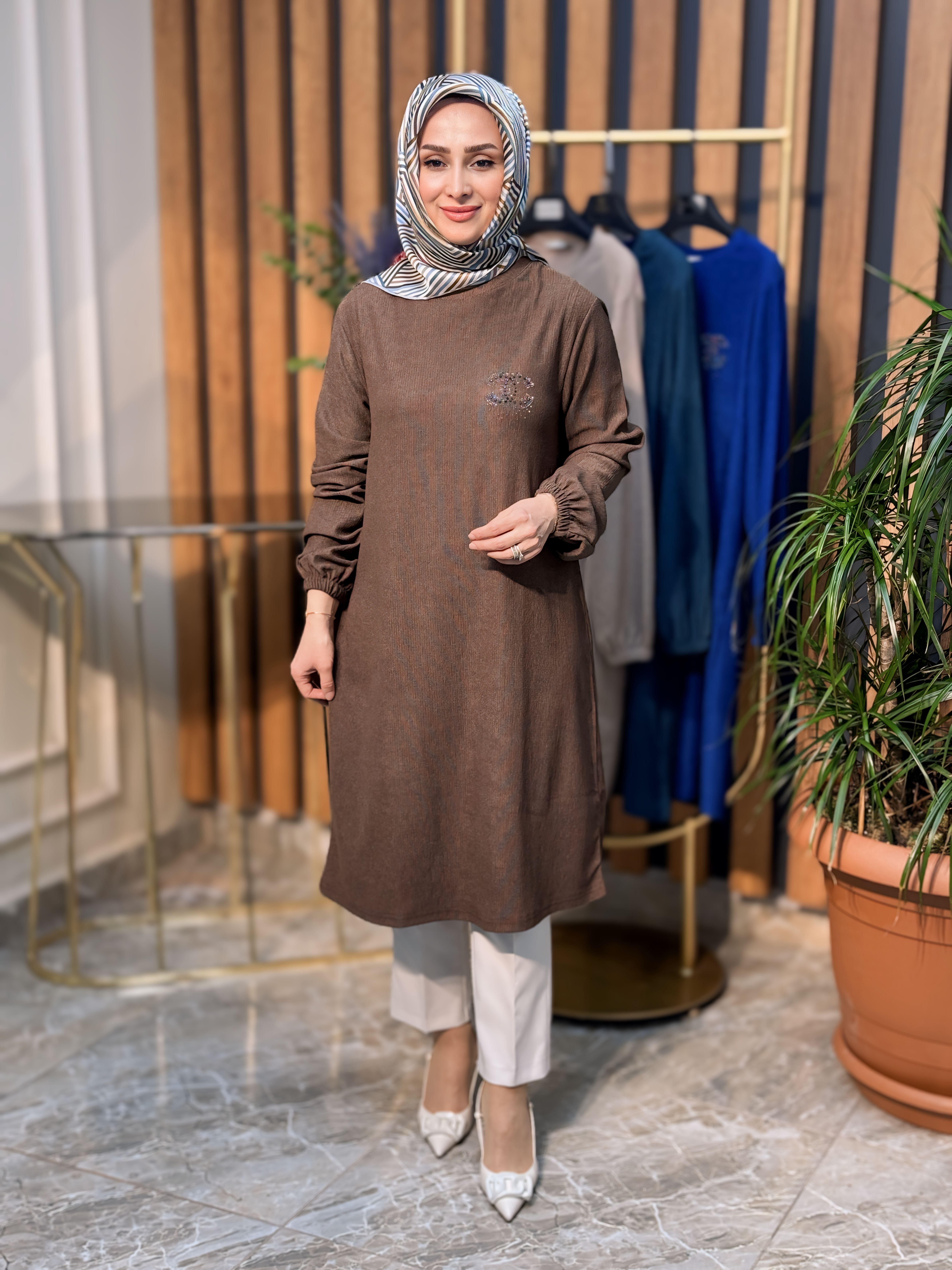 KOL UCU LASTİKLİ TAŞ BASKILI TUNİK 7612