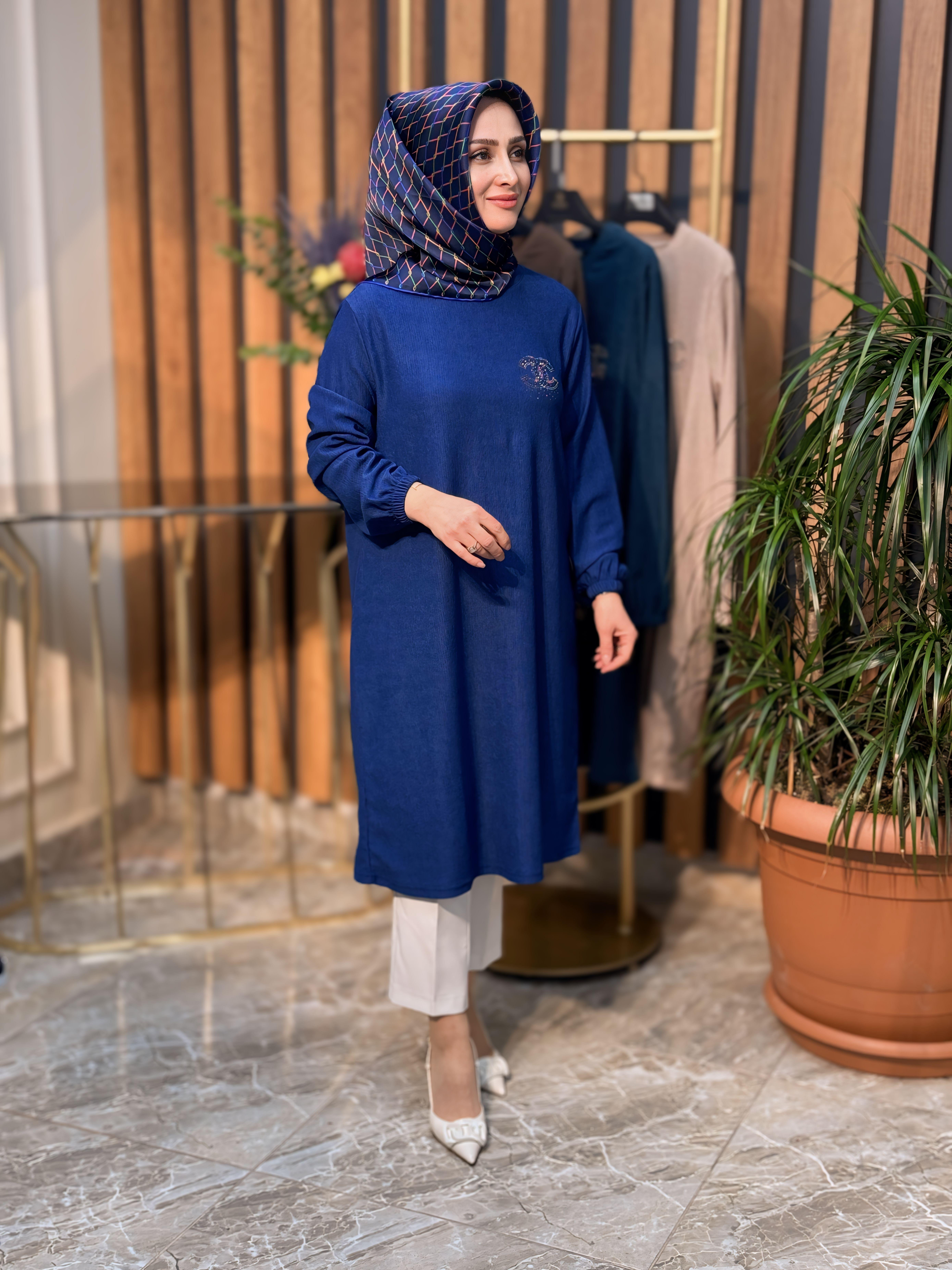 KOL UCU LASTİKLİ TAŞ BASKILI TUNİK 7612