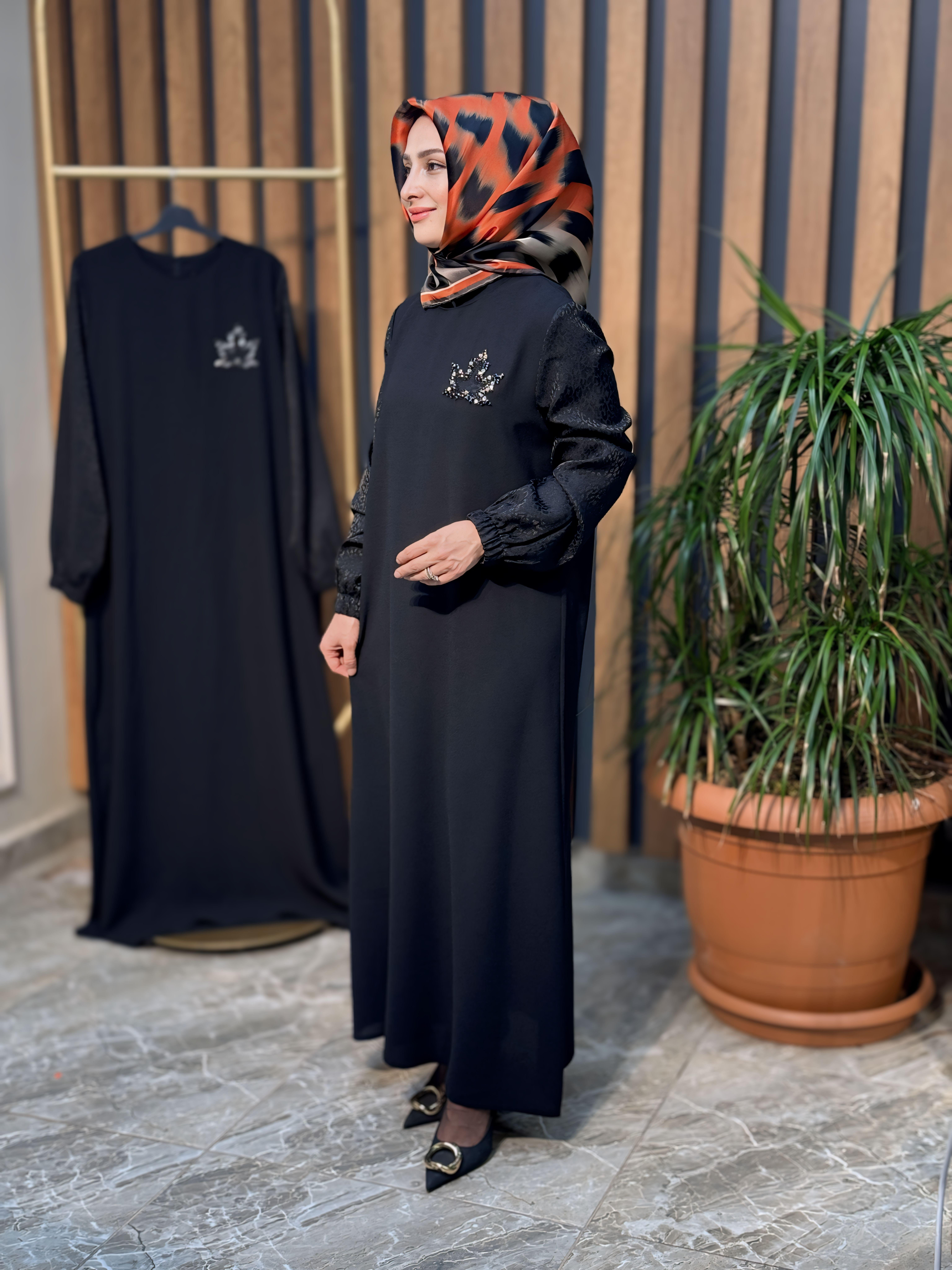 KOLLARI LEOPAR DETAYLI ELBİSE -4206