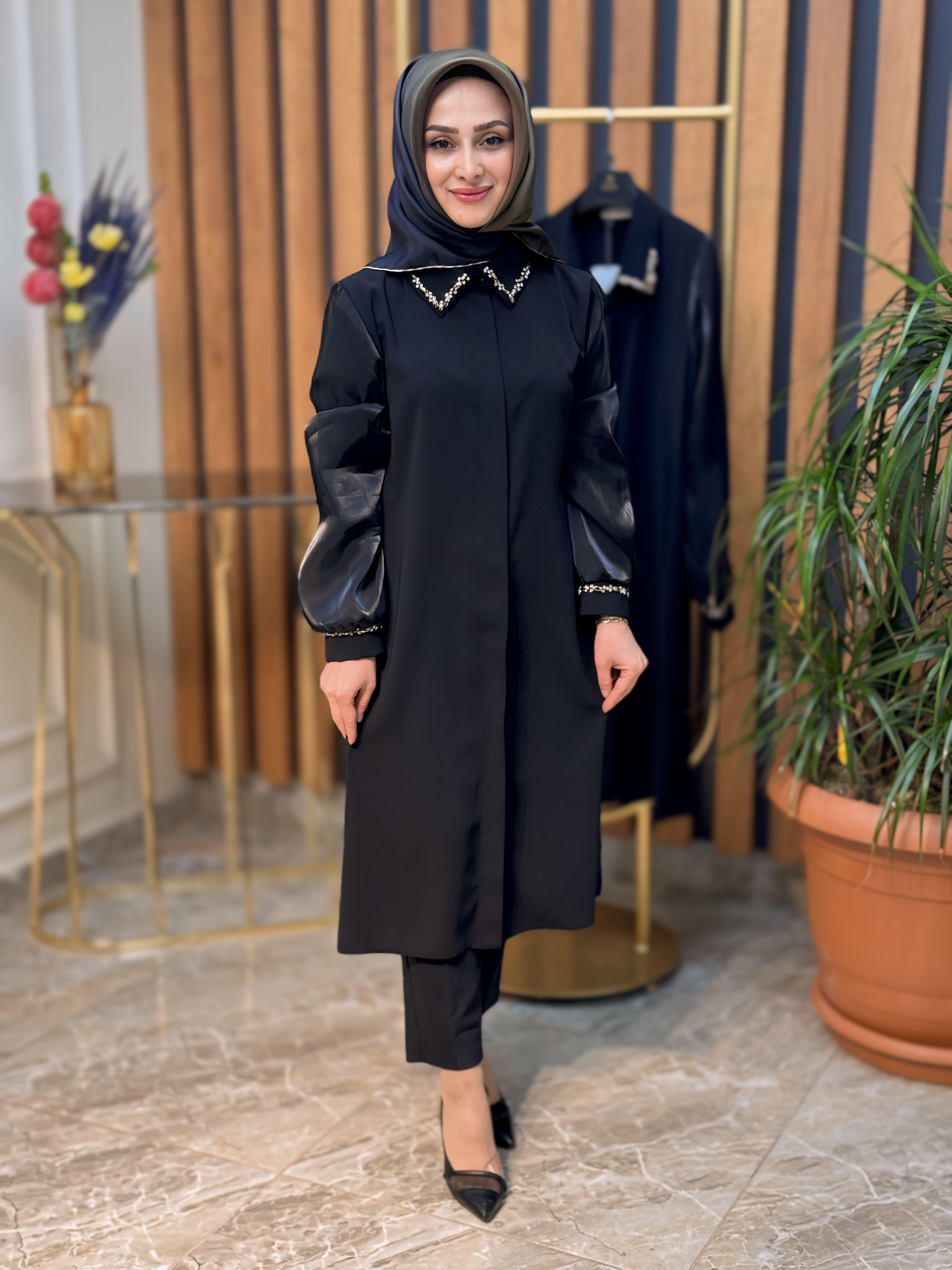 KOLLARI ORGANZE YAKASI VE KOL UCU TAŞLI TUNİK -2702