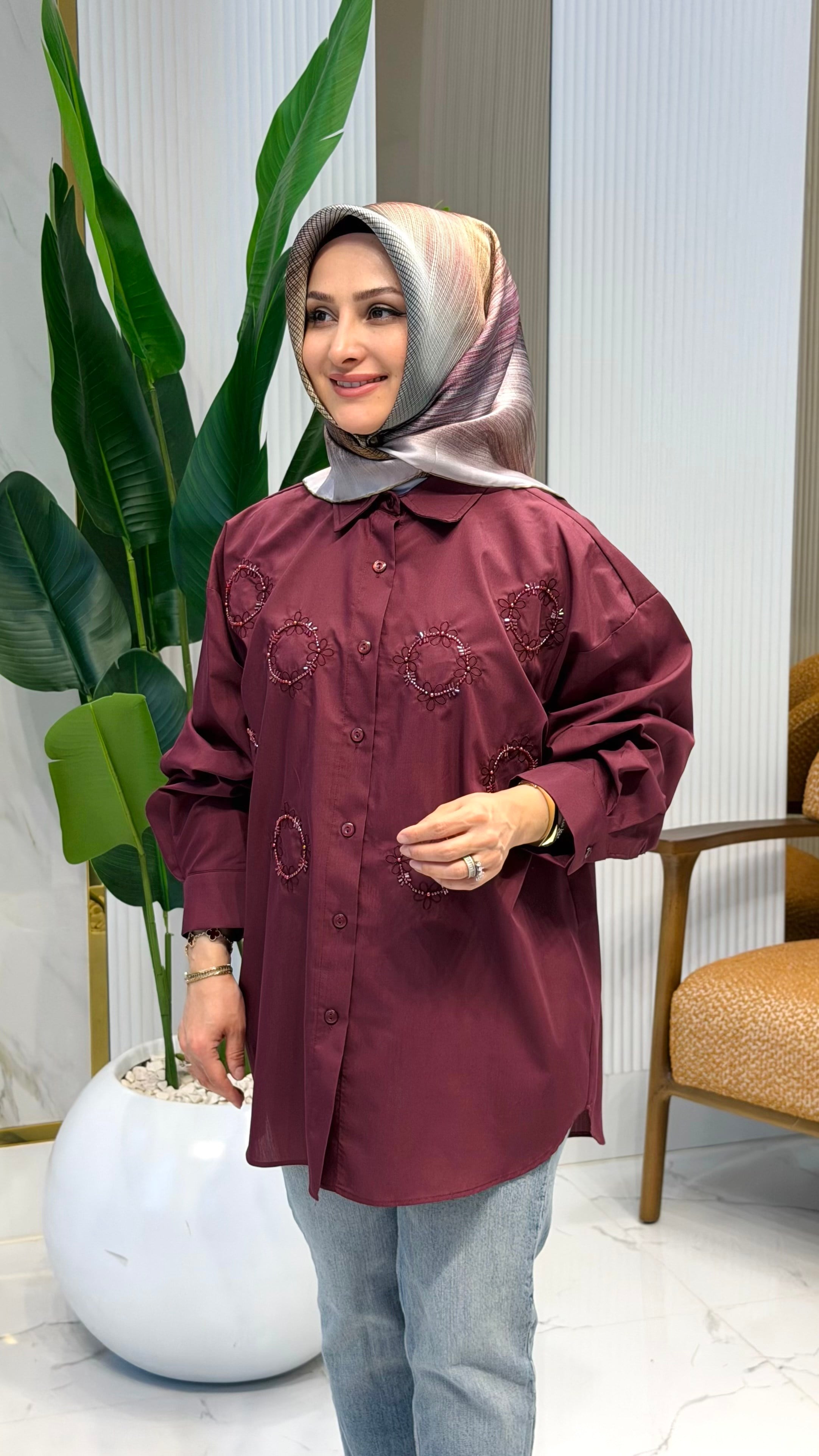 NOSHE NAKIŞ İŞLEMELİ GÖMLEK 4698 - BORDO