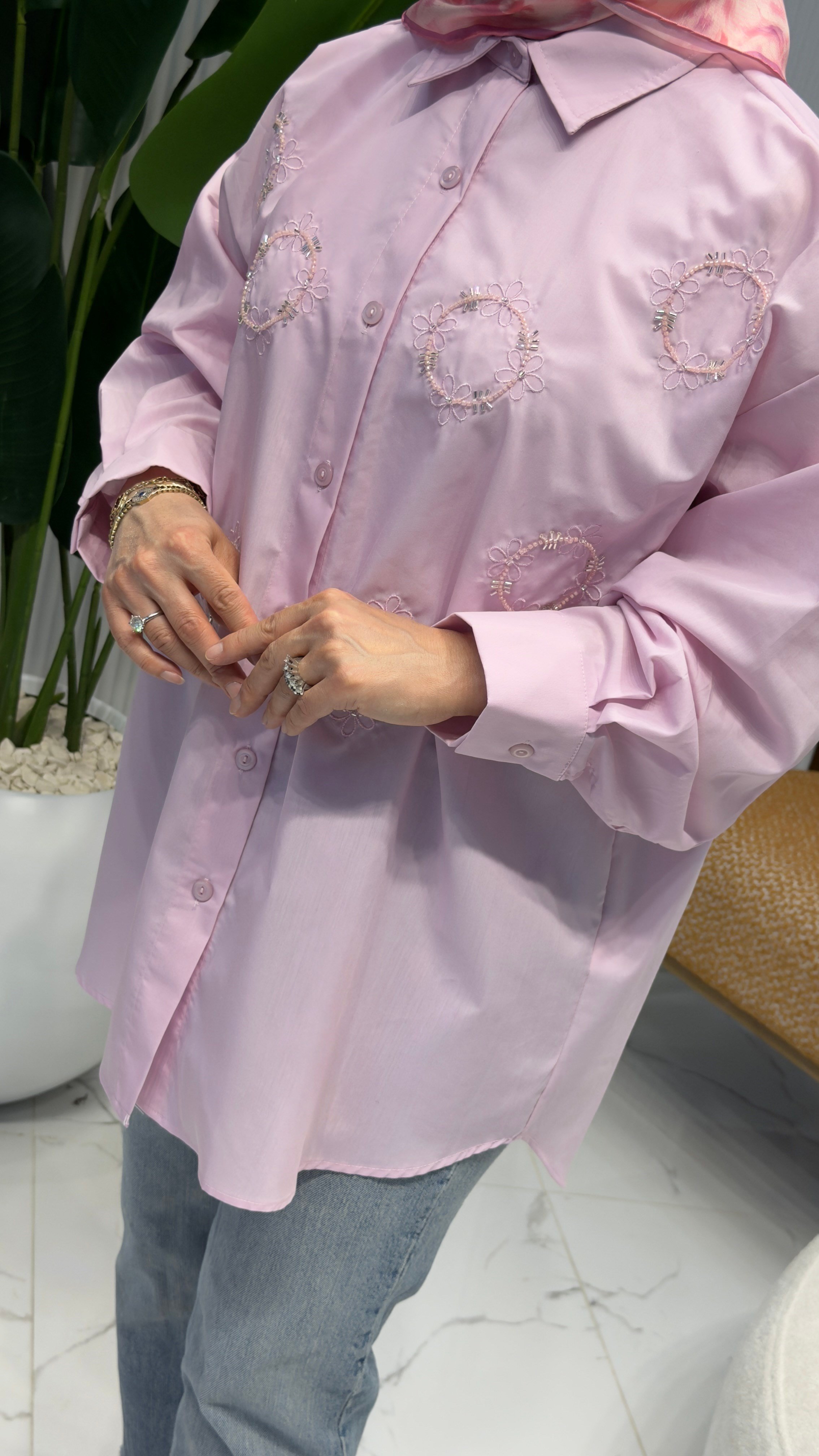 NOSHE NAKIŞ İŞLEMELİ GÖMLEK 4698 - PEMBE