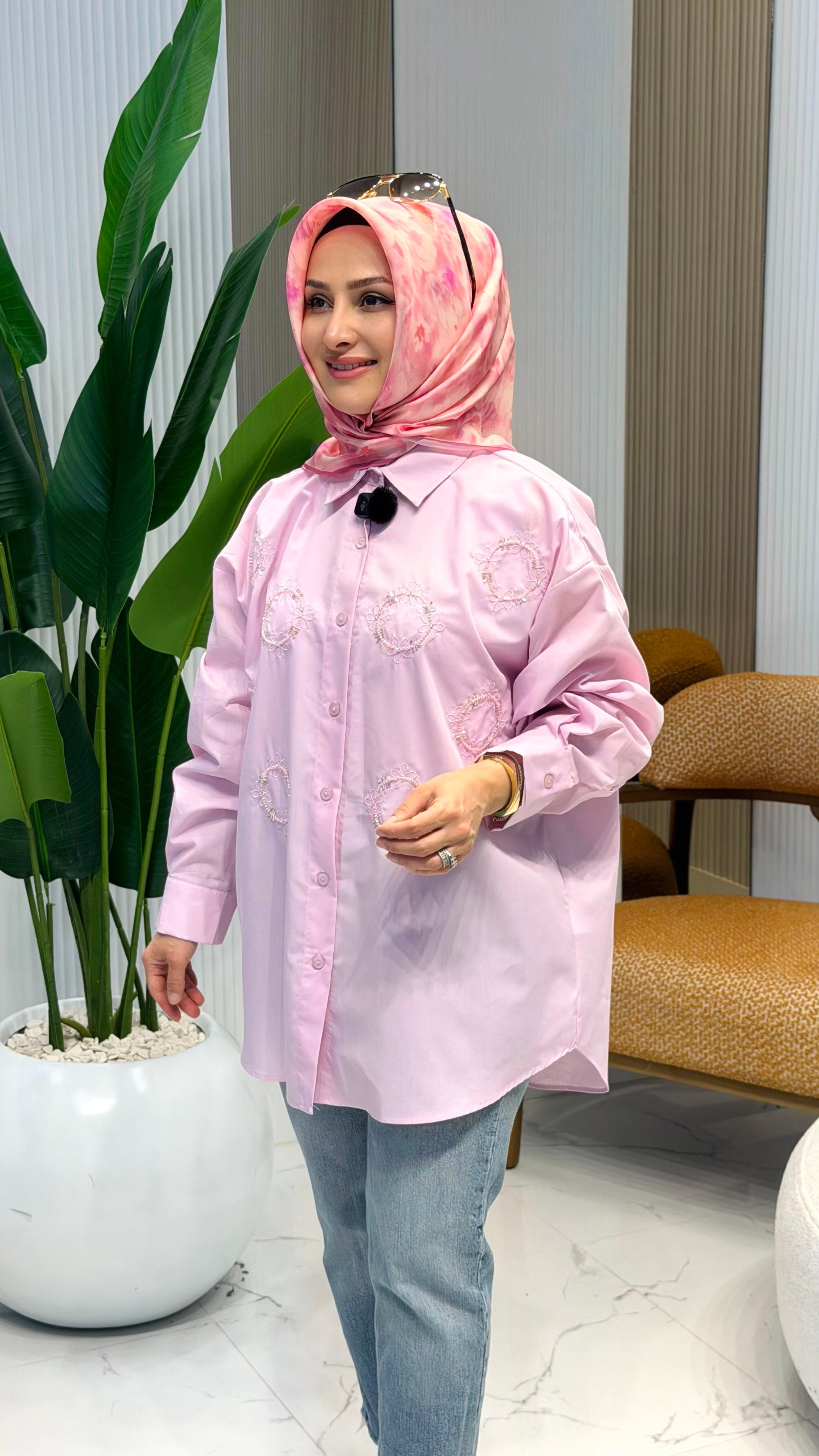 NOSHE NAKIŞ İŞLEMELİ GÖMLEK 4698 - PEMBE
