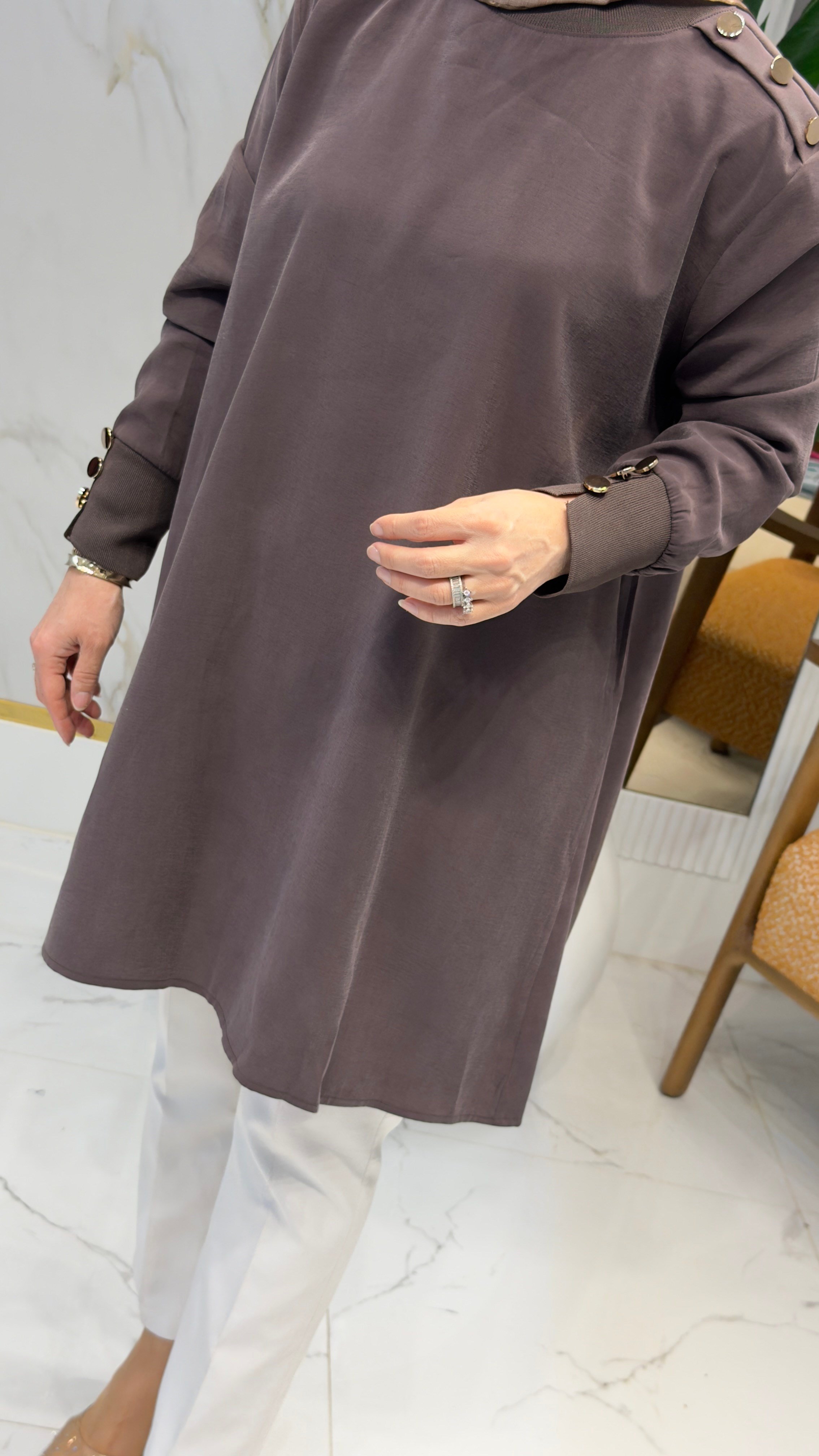 NOSHE OMUZ ALLERLİ TUNİK KAHVE -4653