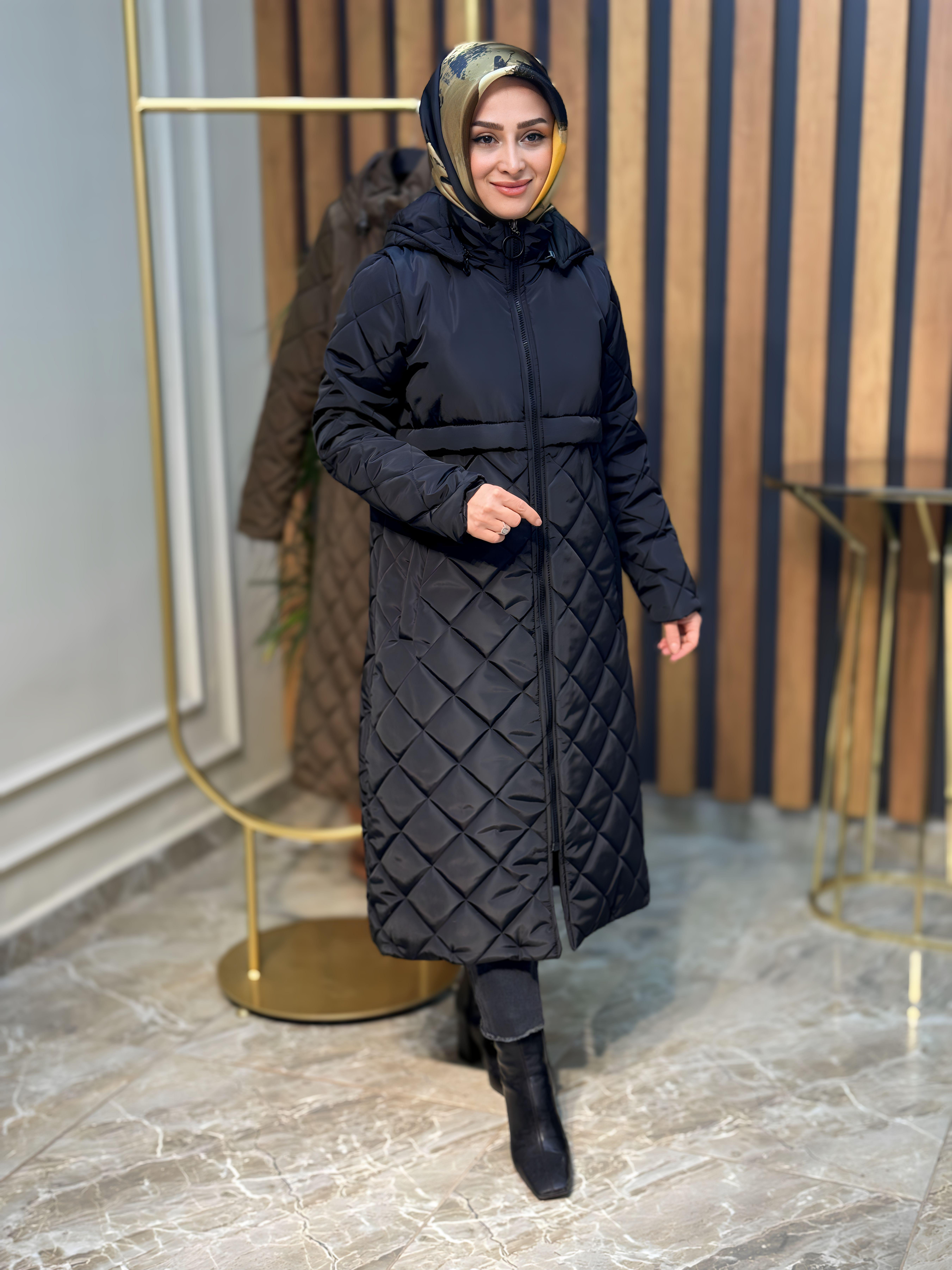 ÖNDEN FERMUARLI,BAKLAVA DESENLİ KADIN MONT-3601