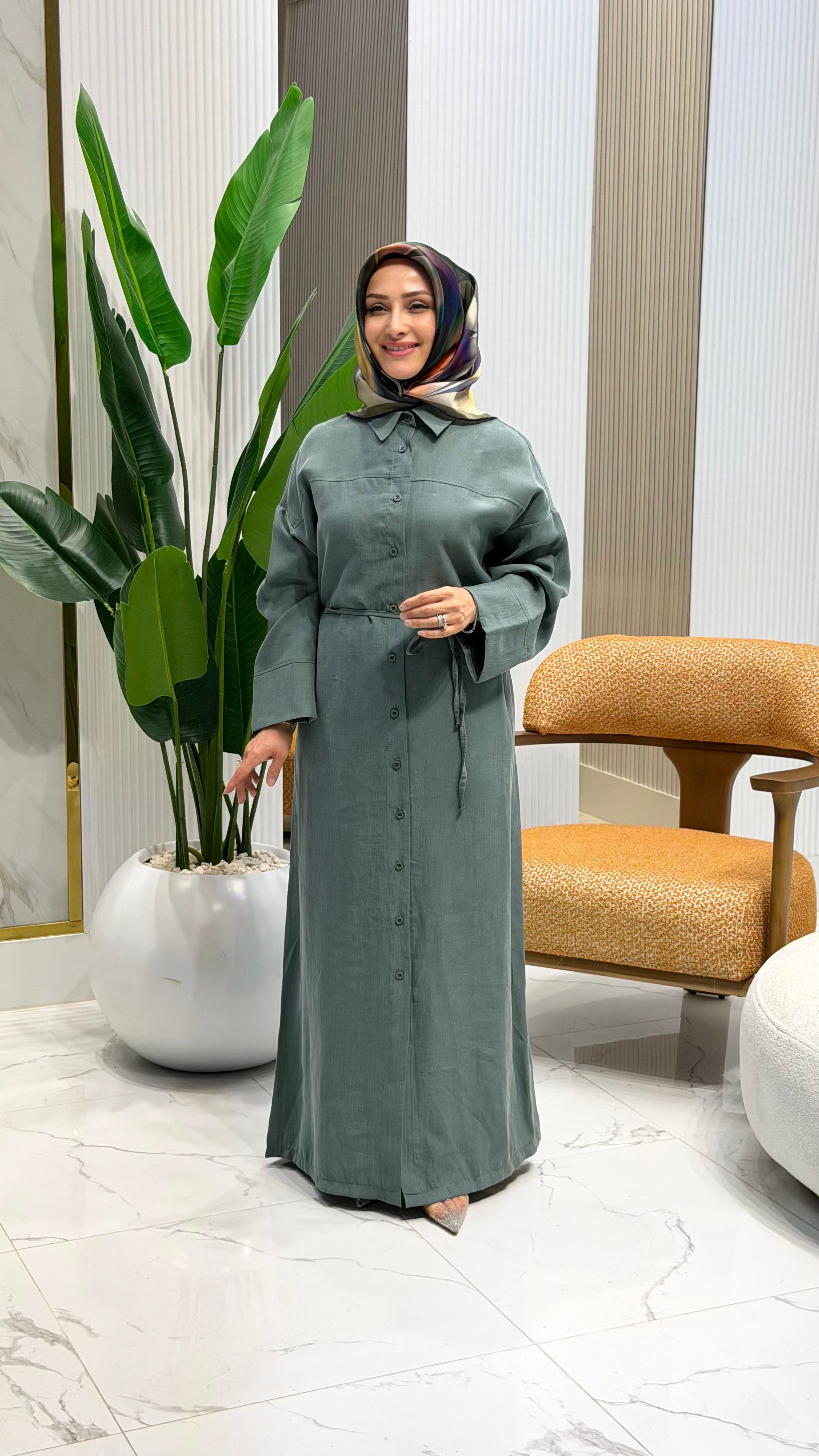 ÖNÜ DÜĞMELİ DÜŞÜK OMUZ ELBİSE MİNT - 6139