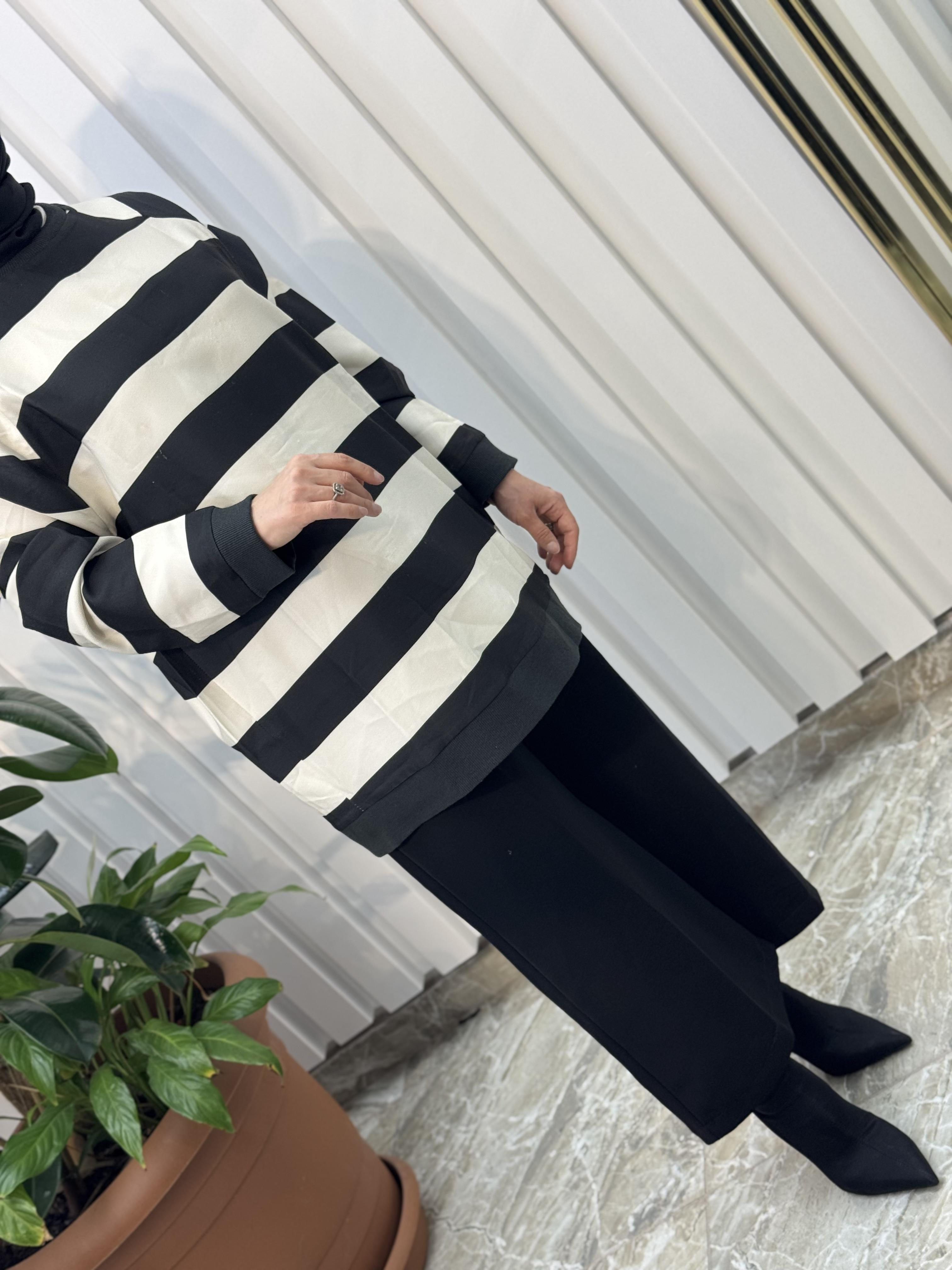 SİYAH ÇİZGİLİ KREP TUNİK-0032