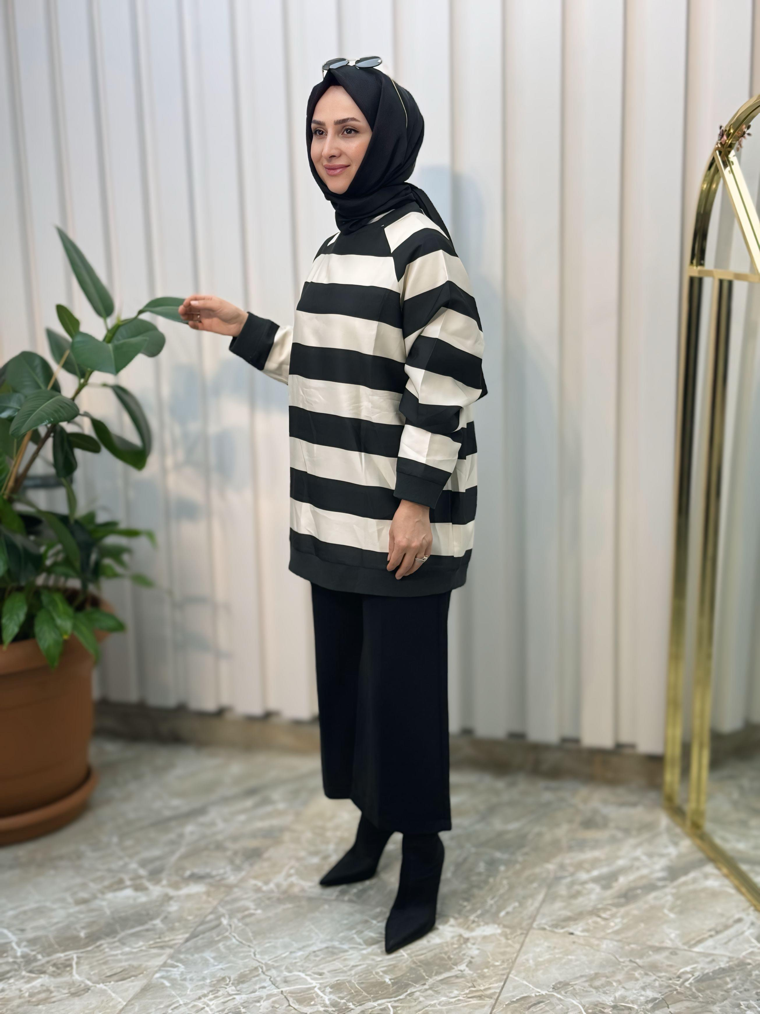 SİYAH ÇİZGİLİ KREP TUNİK-0032