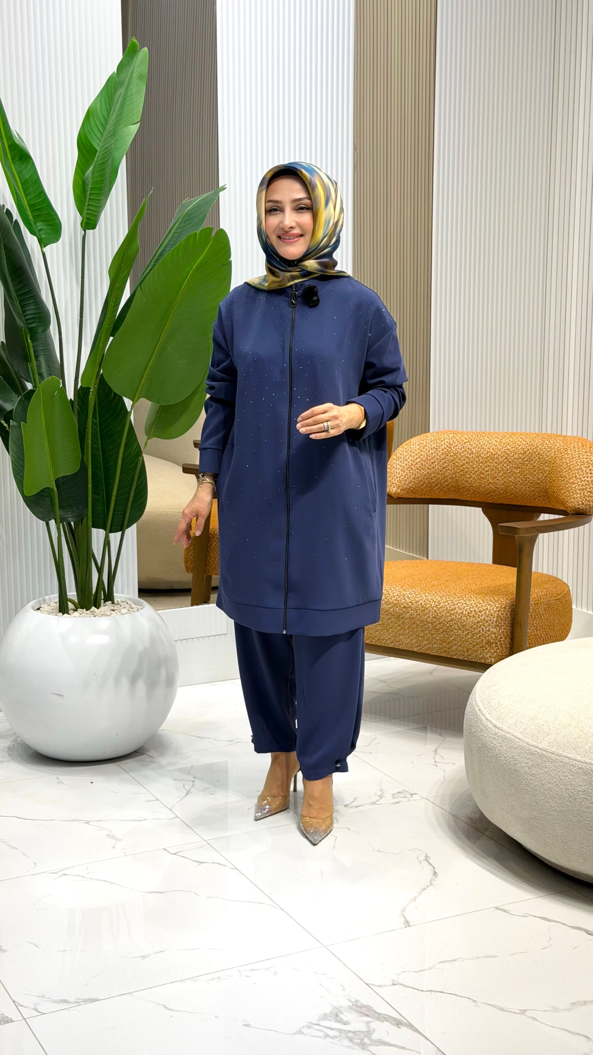 TAŞ DETAYLI FERMUARLI PANTOLONLU İKİLİ TAKIM LACİVERT 26YT625