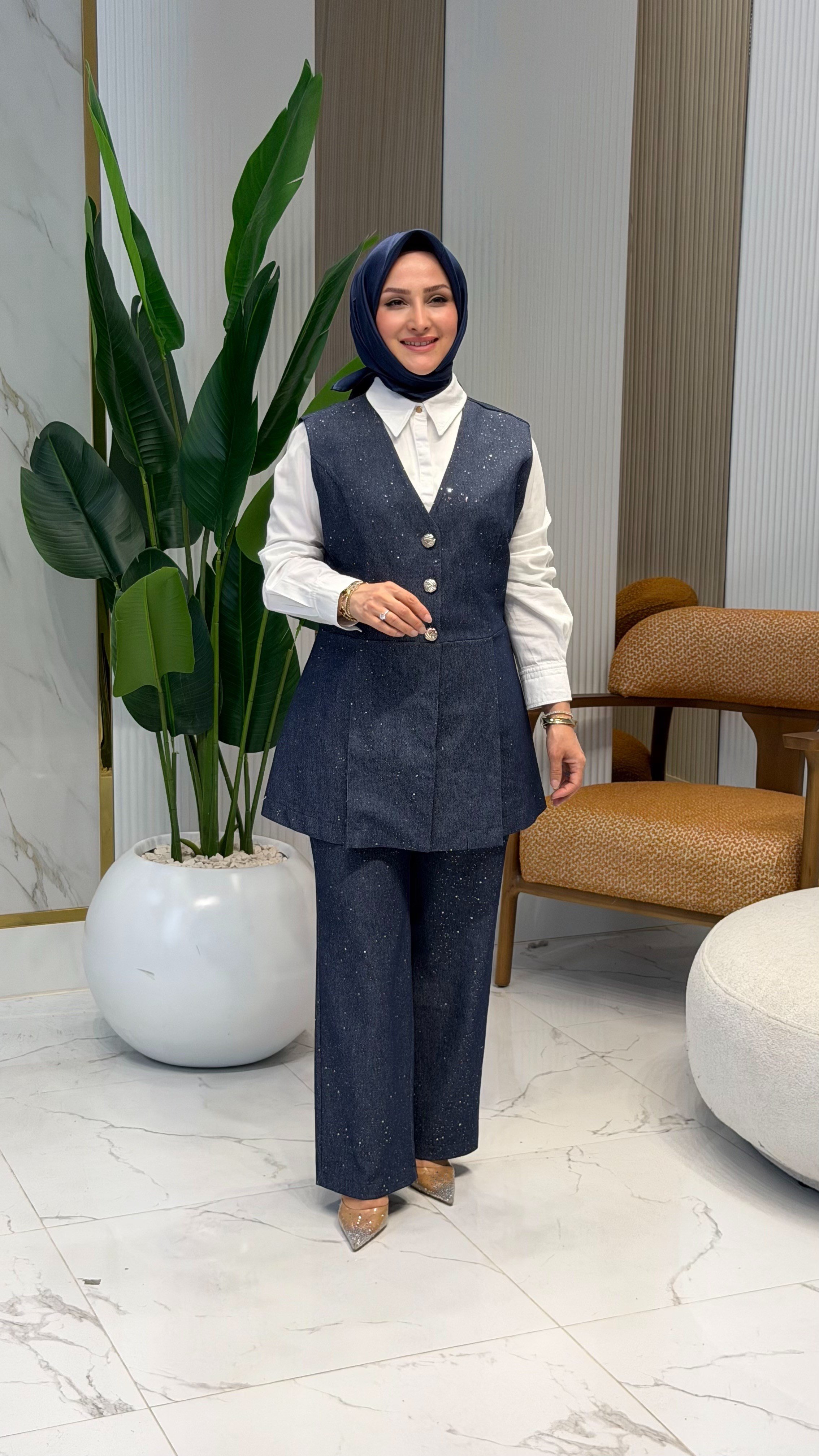 TIĞ TRİKO GLİTTER BASKILI YELEK PANTOLON TAKIM LACİVERT- 5129