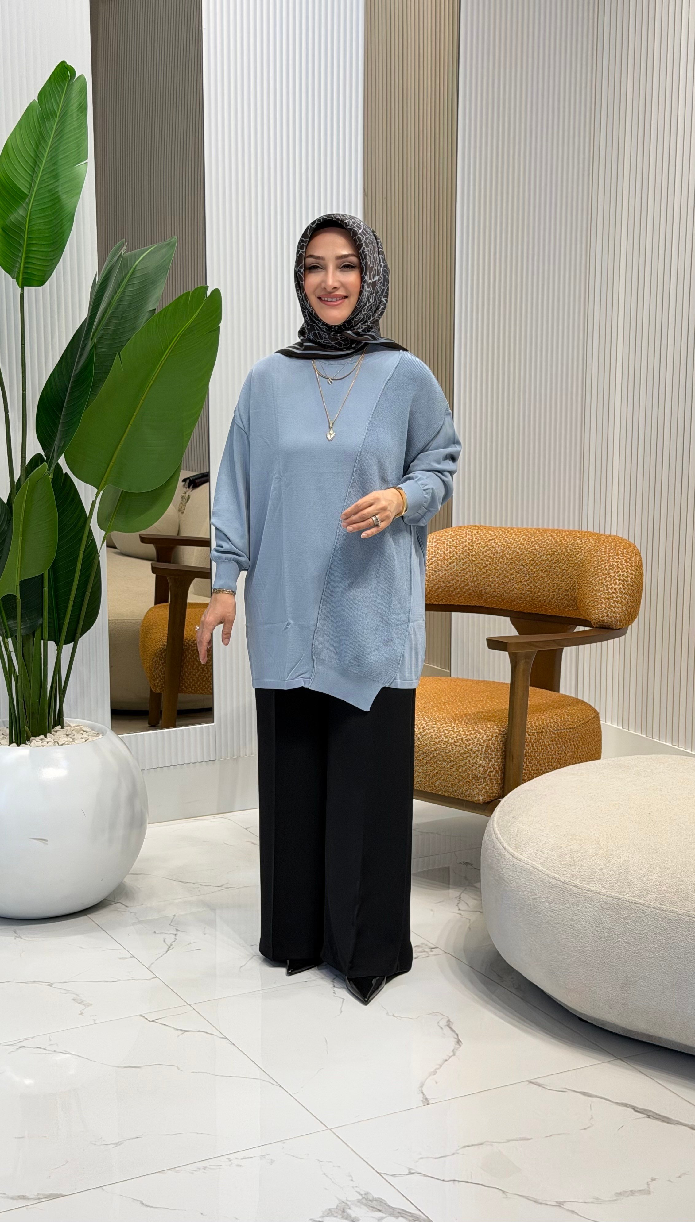 TIĞ TRİKO ÖRGÜ DETAYLI RAYON TUNİK  MAVİ- 21872