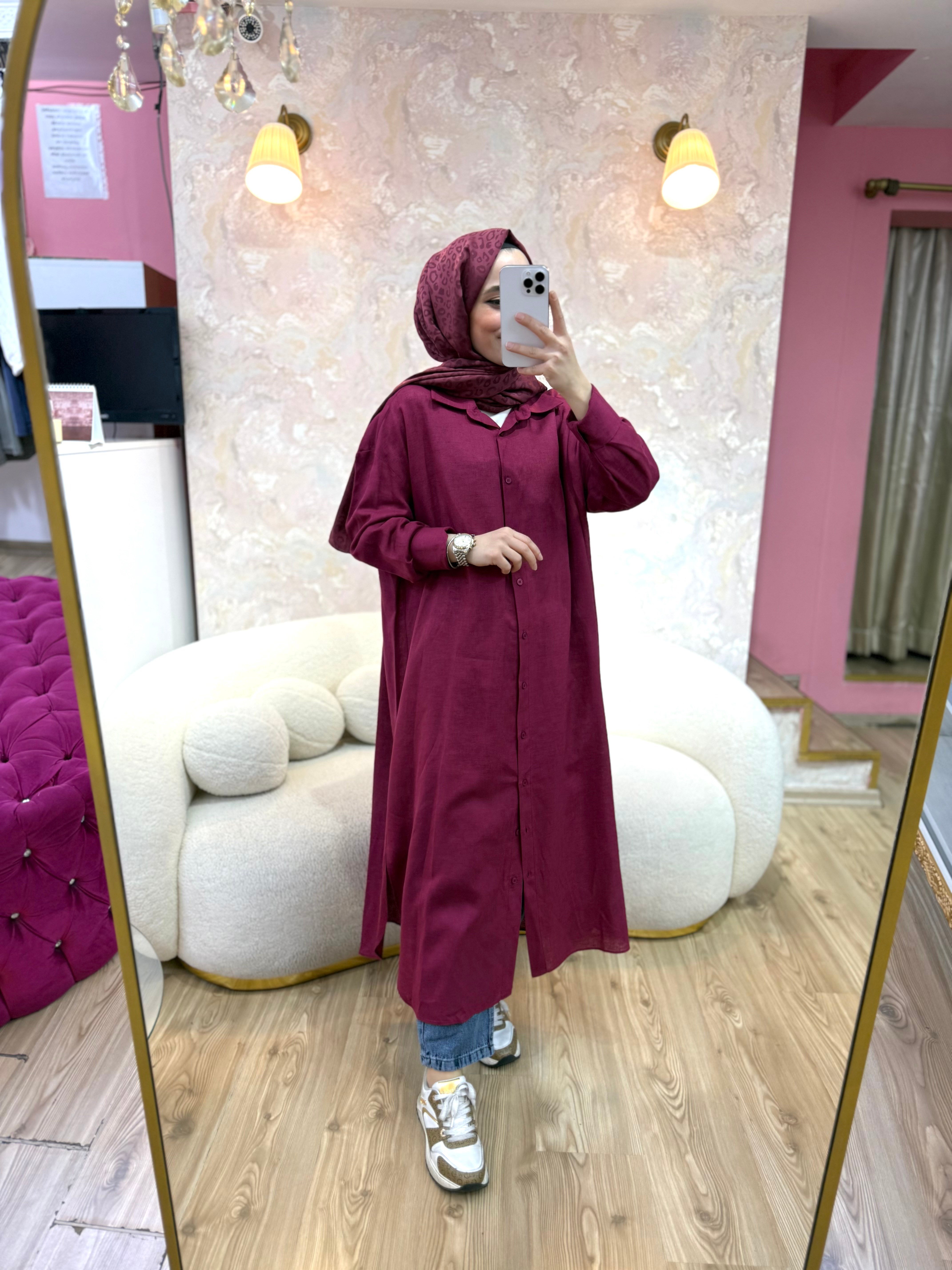 Natural Keten Tunik-Bordo