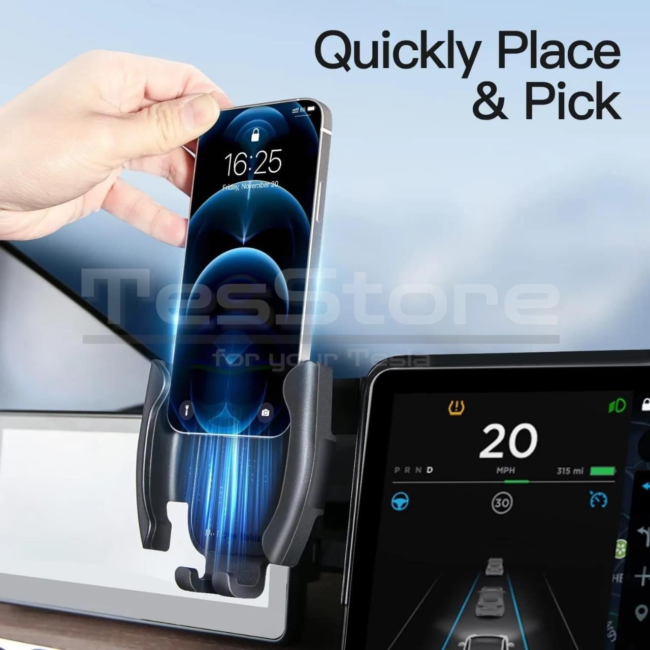 Topfit Tesla Model Y/3 Kablosuz Şarj Telefon Standı & Gözlüklük