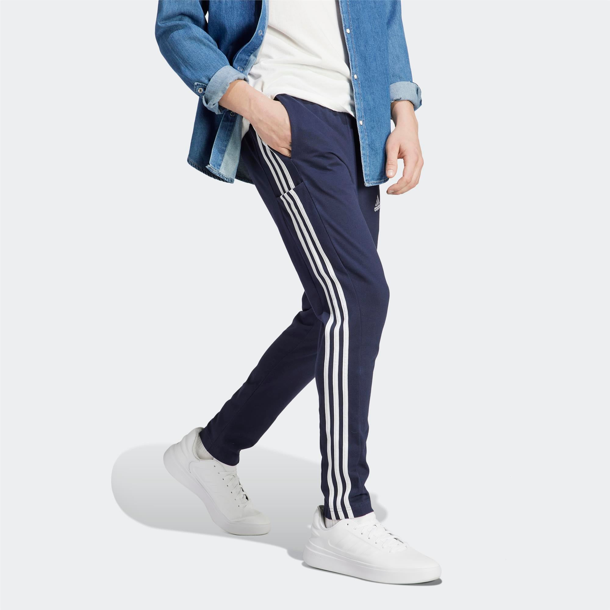 Adidas-Adidas Essentials Single Jersey Tapered Open Hem 3-Stripes Erkek Lacivert Eşofman Altı-Eşofman Altı-IC0045