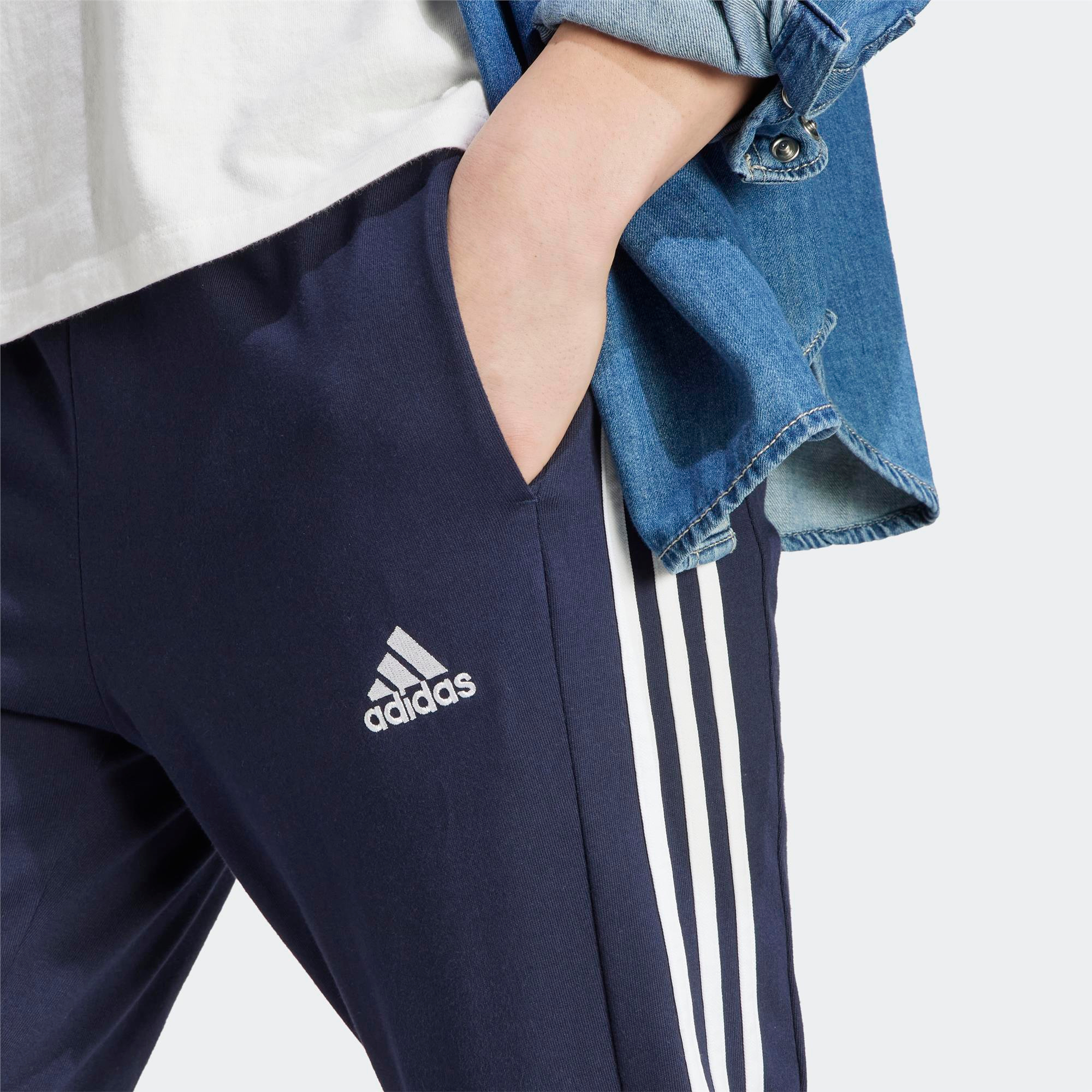 Adidas-Adidas Essentials Single Jersey Tapered Open Hem 3-Stripes Erkek Lacivert Eşofman Altı-Eşofman Altı-IC0045