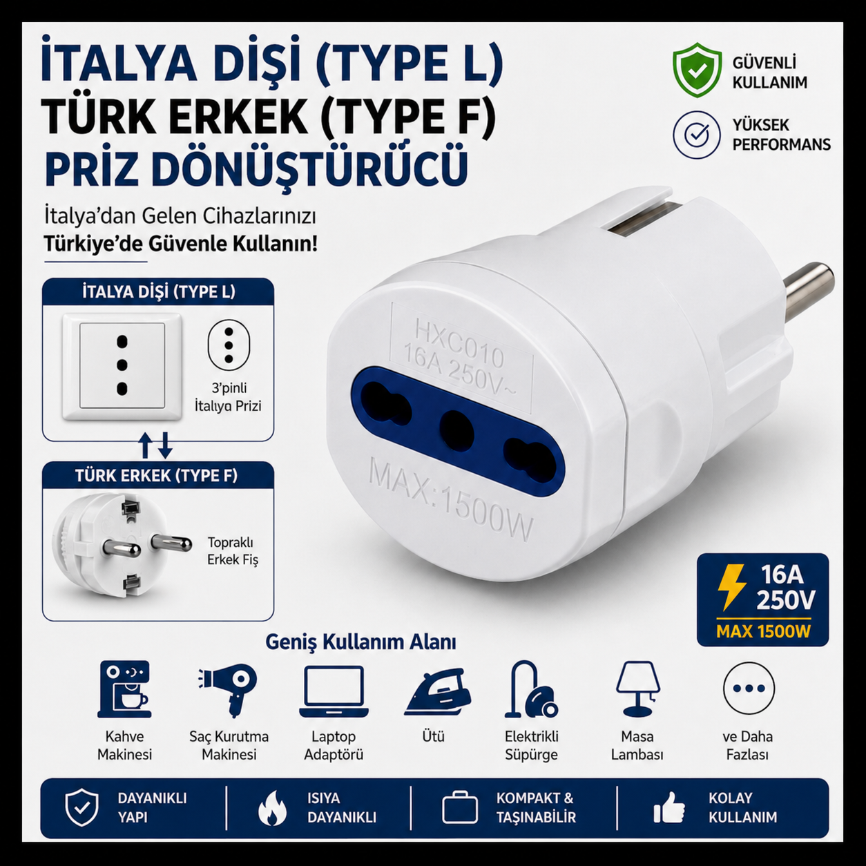 İtalyan Dişi (Type L) Türk Erkek (Type F) Priz Dönüştürücü 16A 250V İtalya Uyumlu 3 Pin Adaptör
