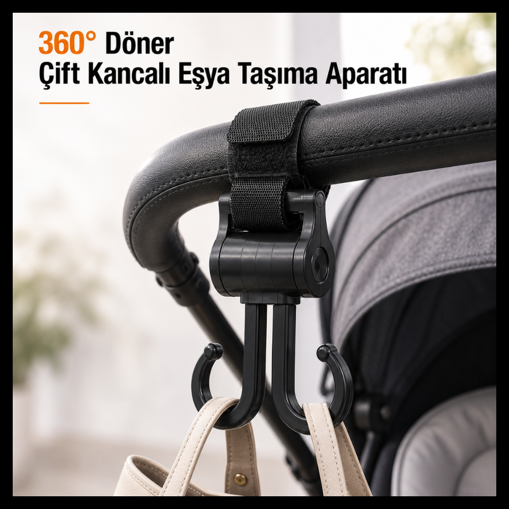 360° Döner Çift Kancalı Eşya Taşıma Aparatı – Bebek Arabası, Bisiklet ve Motosiklet İçin Güçlü Çanta Askısı