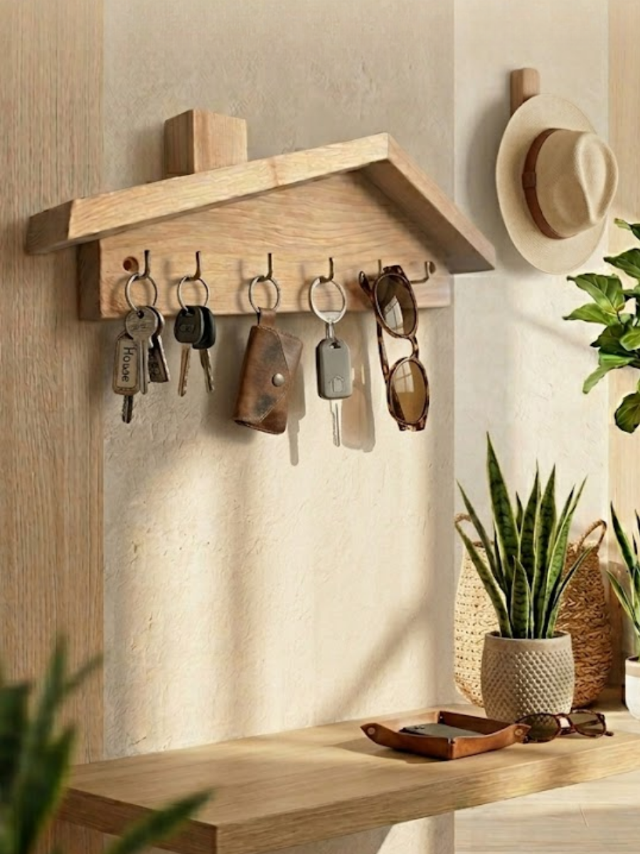 Ahşap Anahtarlık Askı 5'li Duvar Tipi Anahtar Askılığı Dekoratif Duvar Organizer Raflı