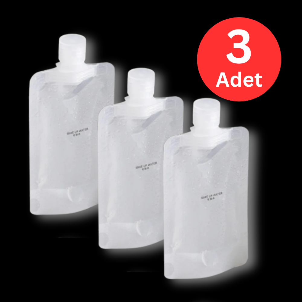 Katlanabilir Seyahat Dolum Şişesi 3'lü Set – 14x8 cm Vidalı Kapaklı Sızdırmaz Kozmetik Taşıma Poşeti