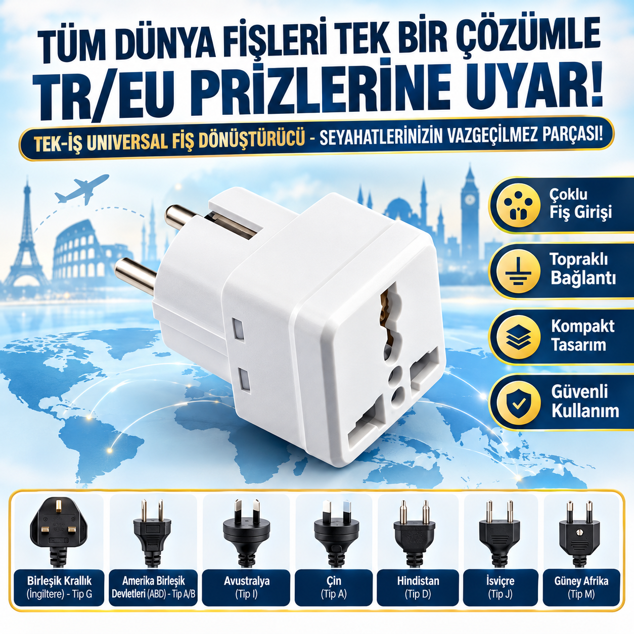 Tek-İş Seyahat Adaptörü Türk Erkek Fişli Universal Ingiliz Amerikan Fiş Çevirici Priz Dönüştürücü