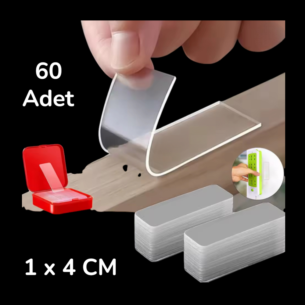 60'lı Güçlü Şeffaf Çift Taraflı Monte Bant Seti – Çok Amaçlı Yapıştırıcı Çözüm 1 x 4 CM