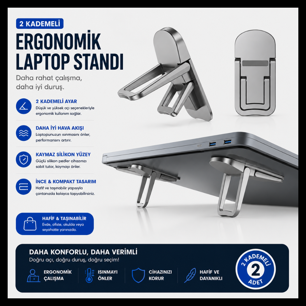 2 Kademeli Ergonomik Laptop Standı – Katlanabilir Metal Notebook Yükseltici ve Kaymaz Laptop Ayağı