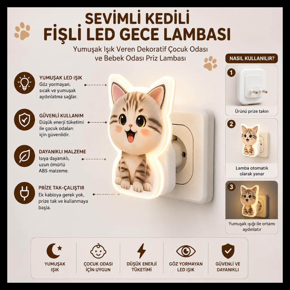 Sevimli Kedili Fişli LED Gece Lambası | Yumuşak Işık Veren Dekoratif Çocuk Odası ve Bebek Odası Priz Lambası