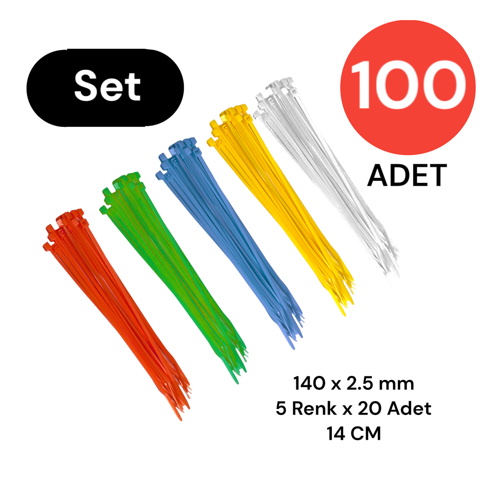 Plastik Kablo Bağı Klipsi Cırt Kelepçe Karışık Renk Set 140 mm 5 Renk X 20 Toplam 100 Adet