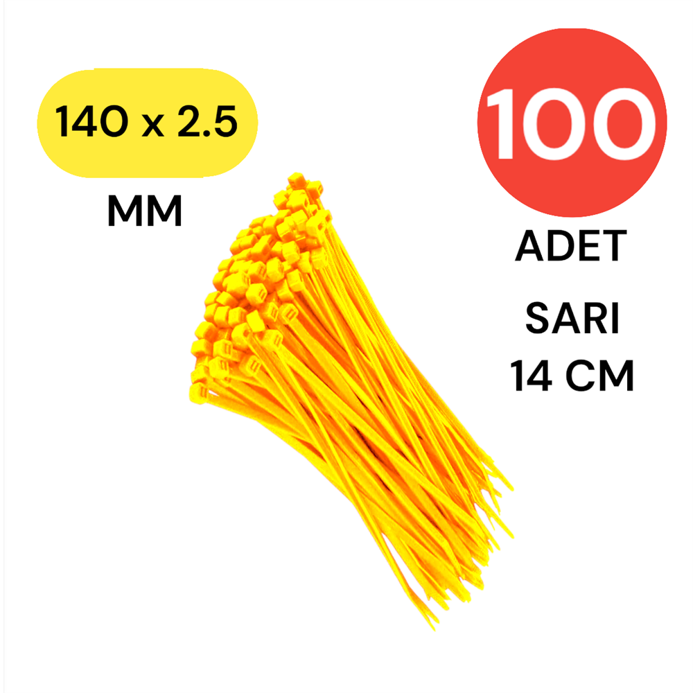 Plastik Kablo Bağı Klipsi Cırt Kelepçe 140 Mm X 2.5 Mm Sarı 100 Adet