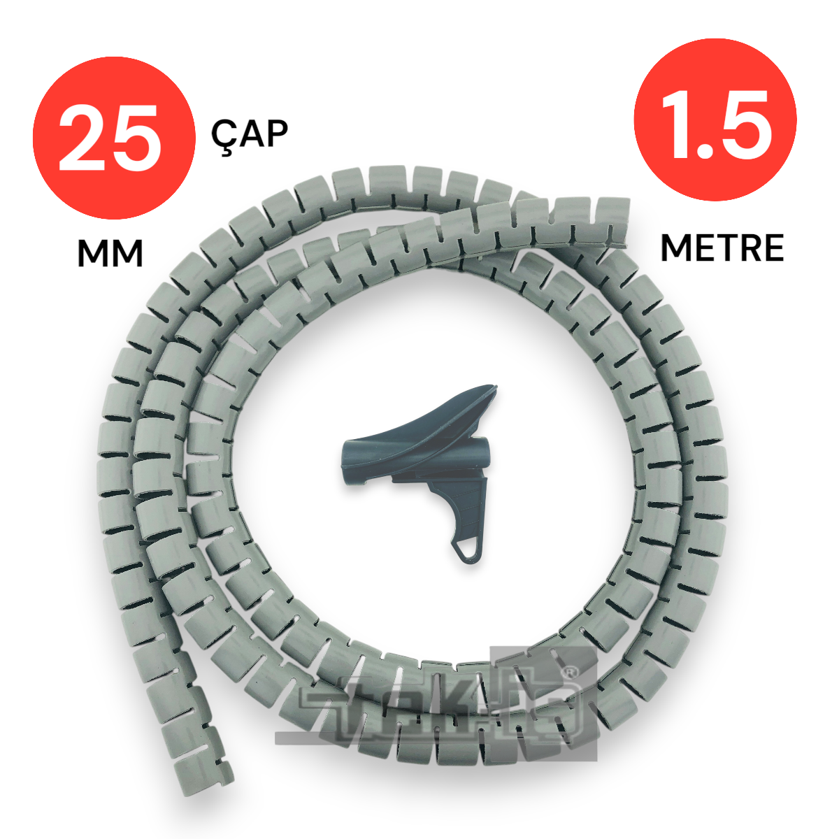 Tek-İş 25mm 1,5 Metre Yarıklı Spiral Kablo Kanalı Hortum – Kablo Gizleme ve İzolasyon Borusu, Esnek Gri