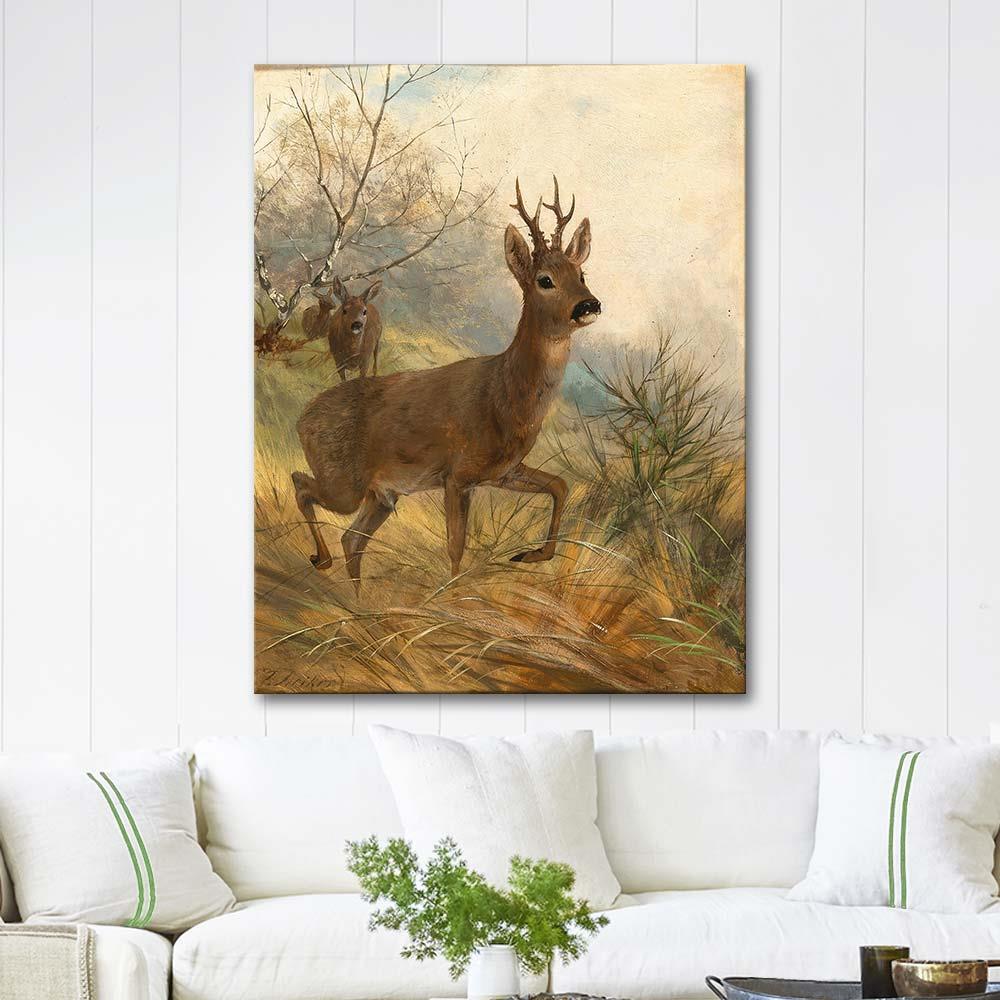 A Buck and a Doe by Carl Friedrich Deiker as Art Print