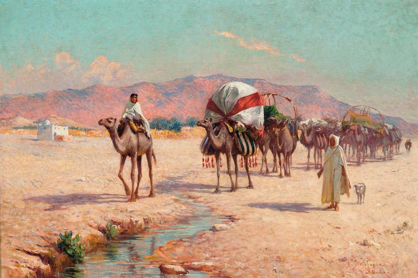 A Caravan Approaching a Stream in Biskra by Alexis Auguste Delahogue