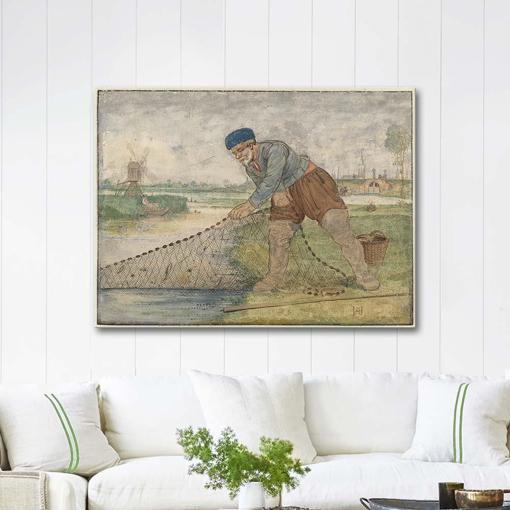 A Fisherman Hauling in his Net by Hendrick Avercamp as Art Print