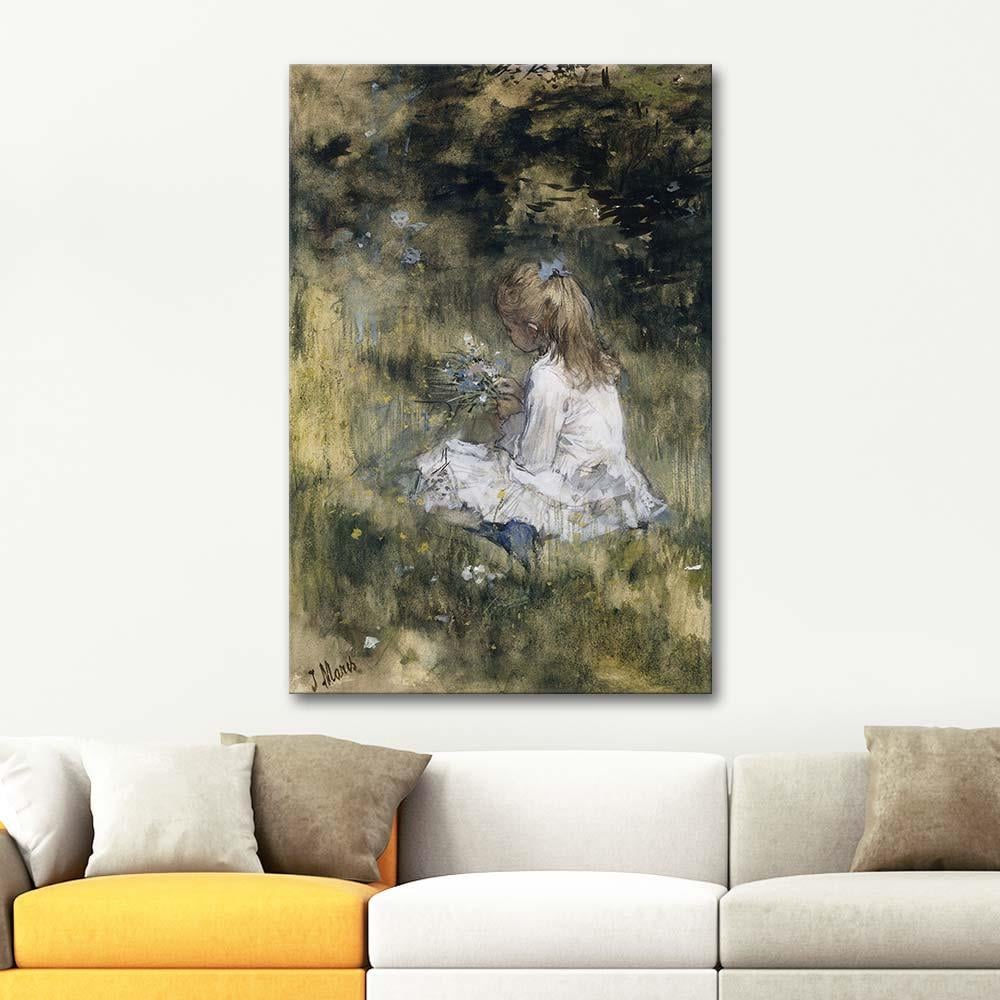 Jacob Maris Çimenlikte Çiçeklerle Kız Kanvas Tablo