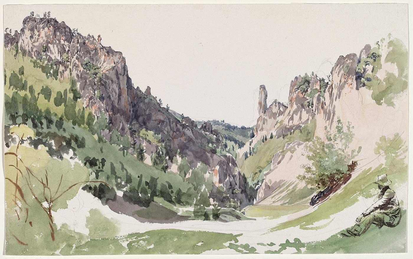 A Seated Man Contemplating a Sunlit Mountain Valley by Jakob Alt as Art Print