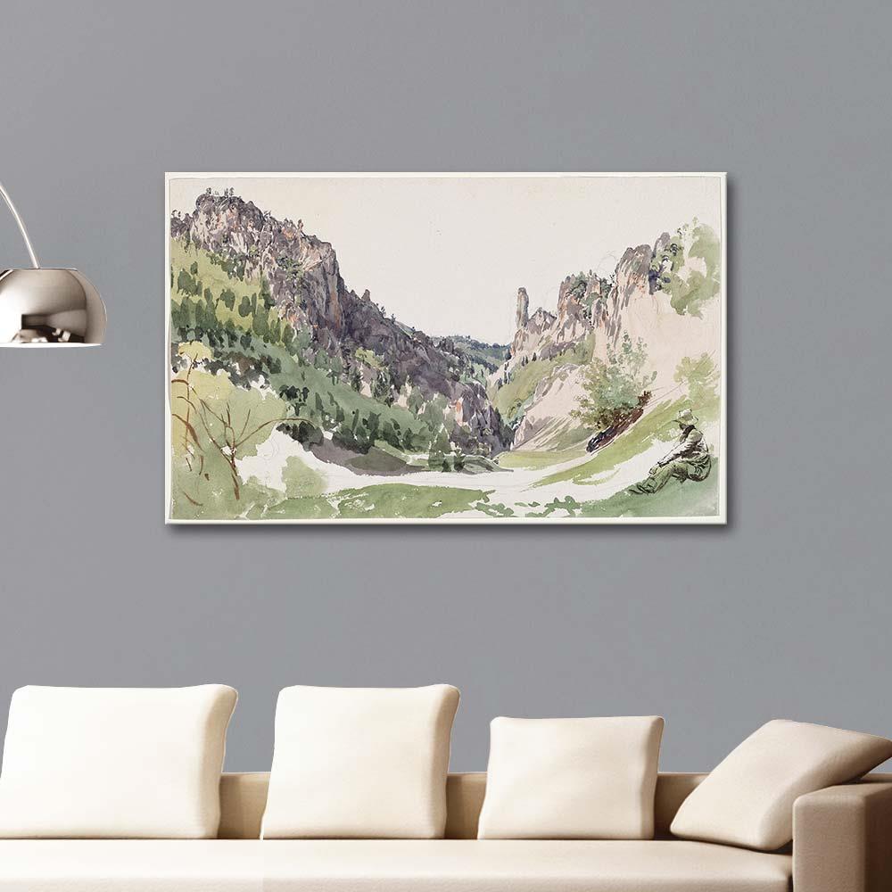 A Seated Man Contemplating a Sunlit Mountain Valley by Jakob Alt as Art Print