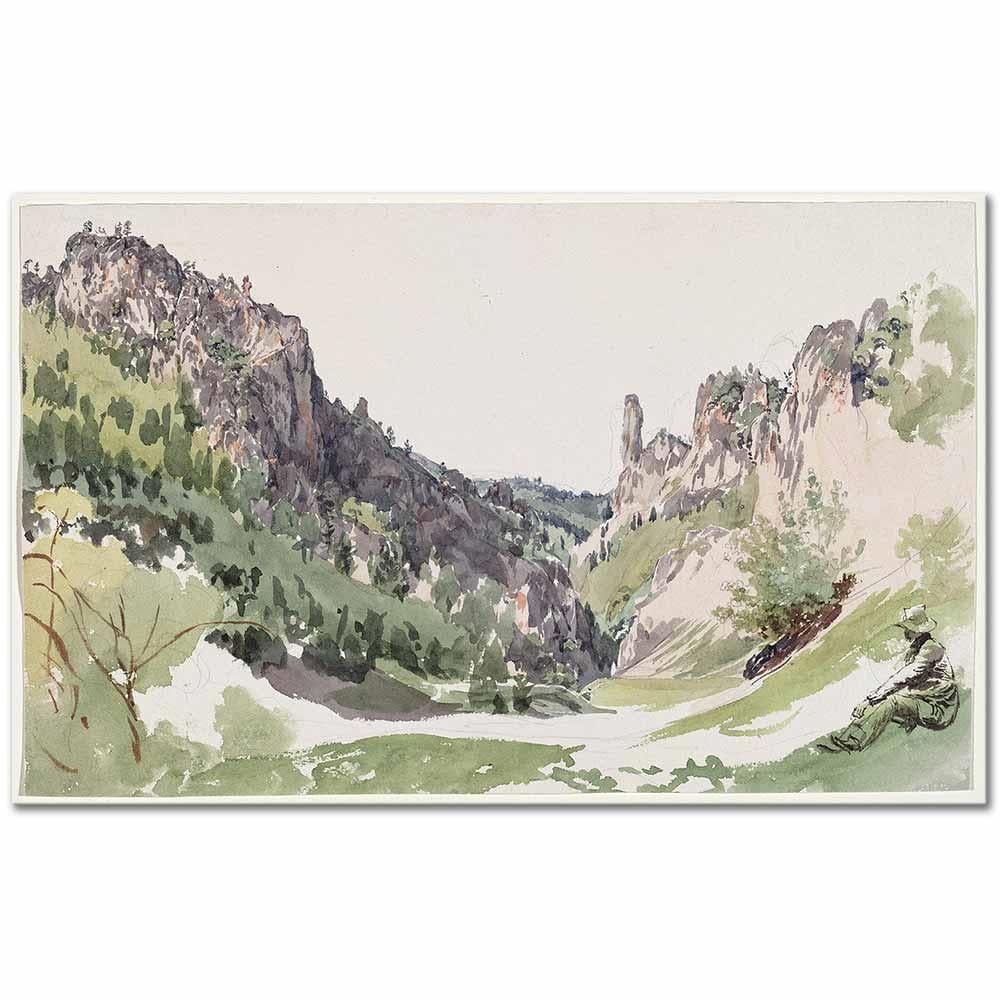 A Seated Man Contemplating a Sunlit Mountain Valley by Jakob Alt as Art Print