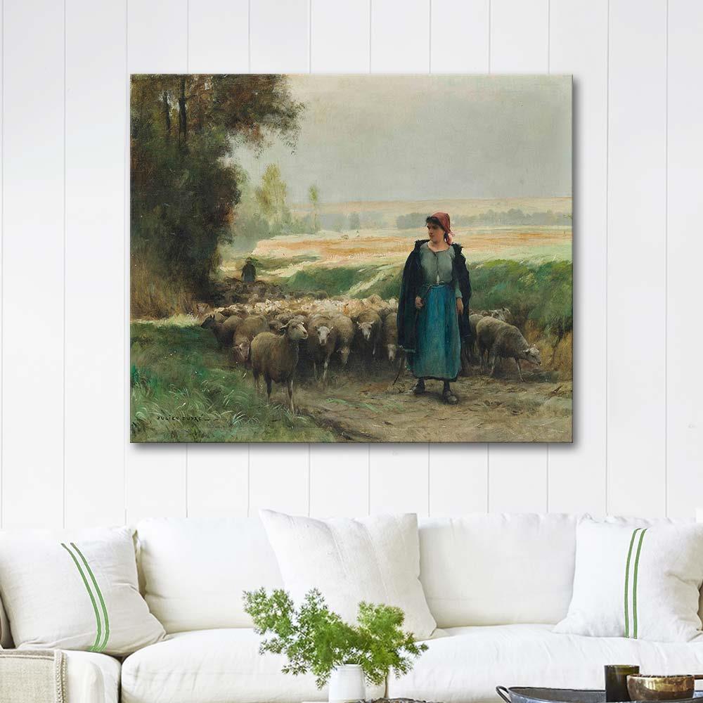 A Shepherd Girl Guiding A Flock of Shep by Julien Dupre as Art Print