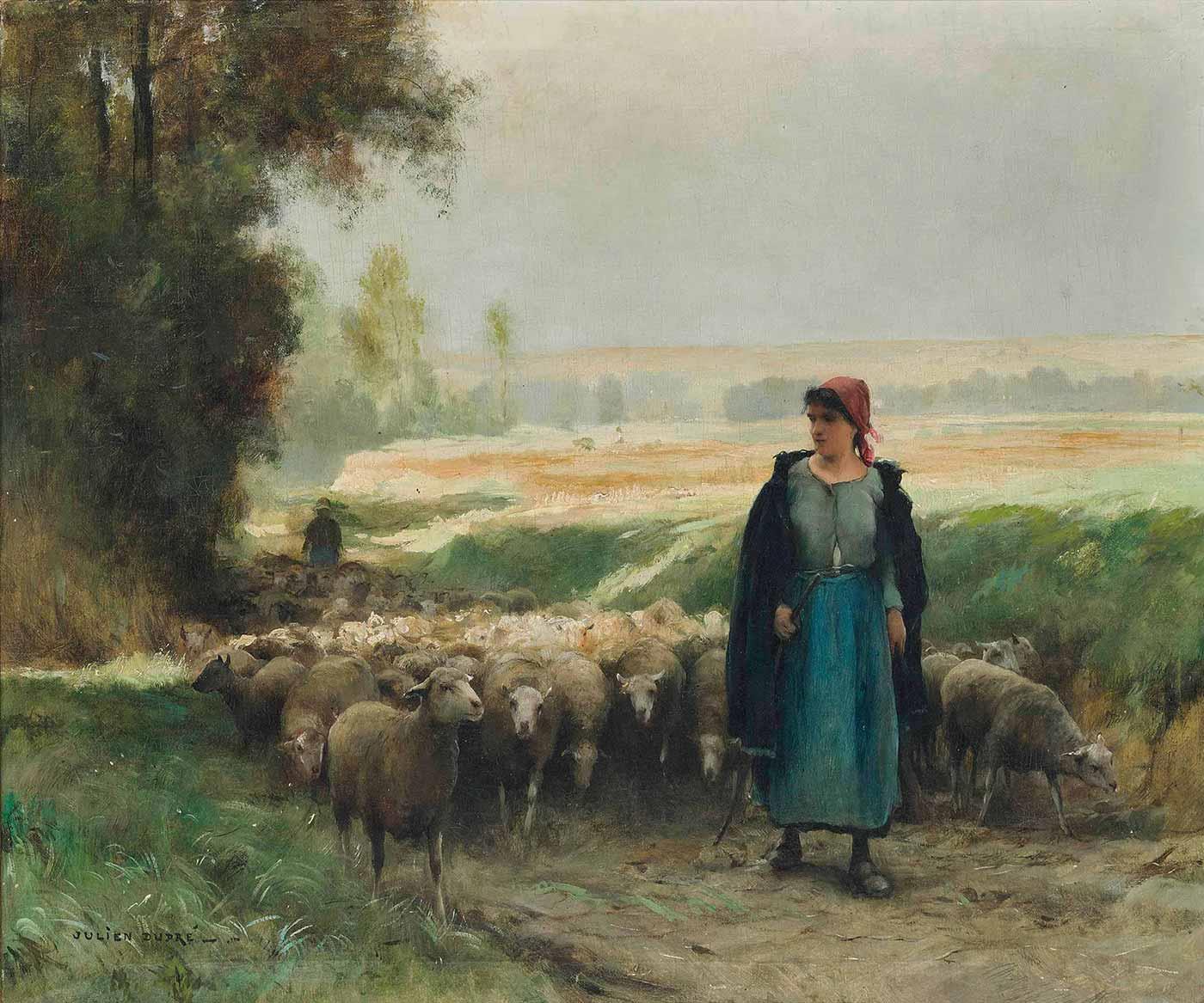 A Shepherd Girl Guiding A Flock of Shep by Julien Dupre