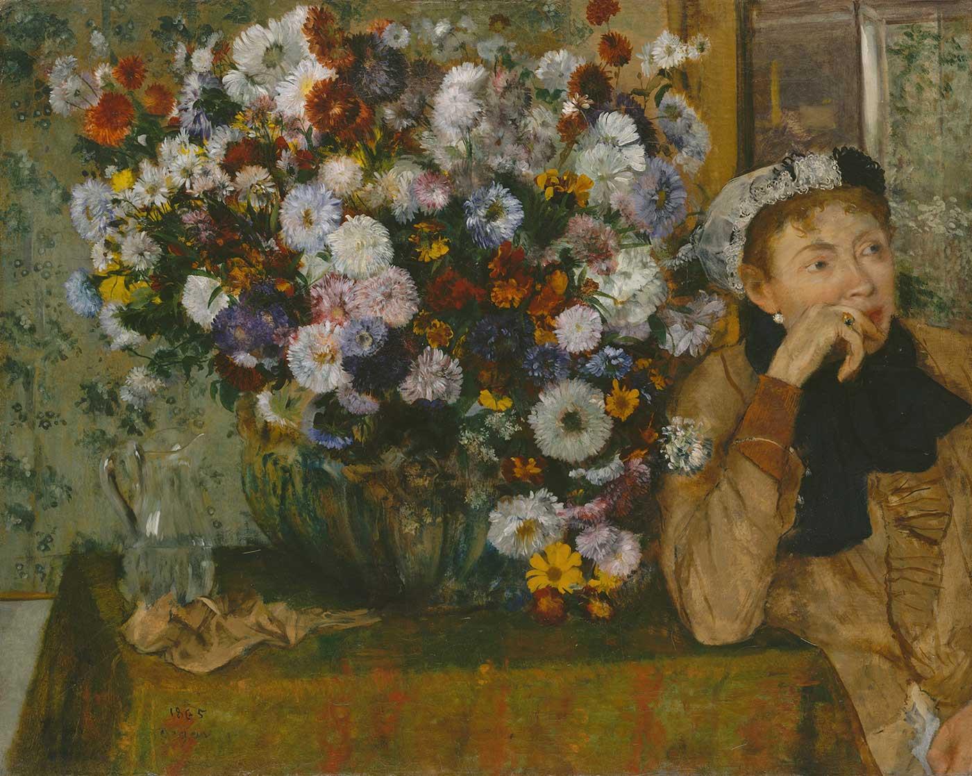A Woman Seated beside a Vase of Flowers by Edgar Degas