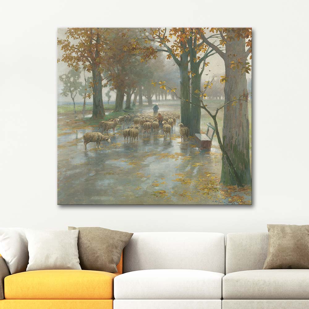 Adolf Kaufmann Flock Of Sheep With Shepherdess On A Rainy Day Art Print