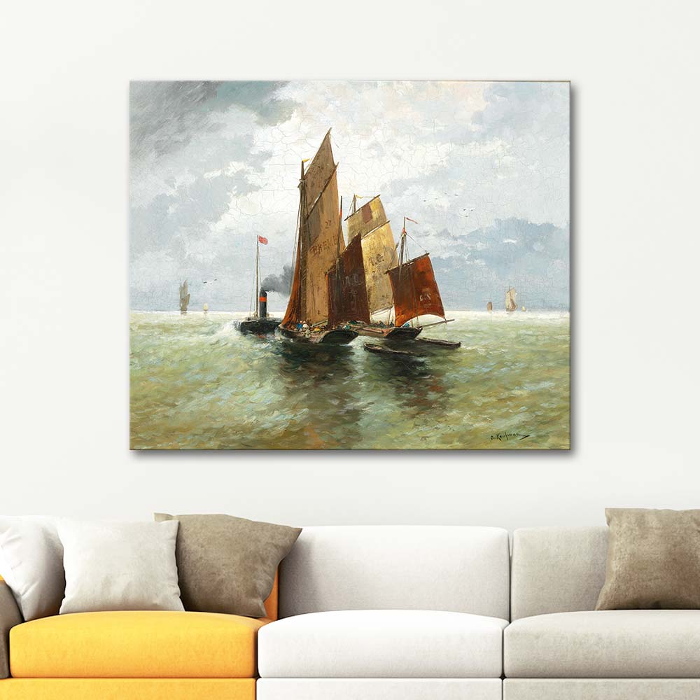 Adolf Kaufmann Steamboat And Fishing Boats At Sea Art Print