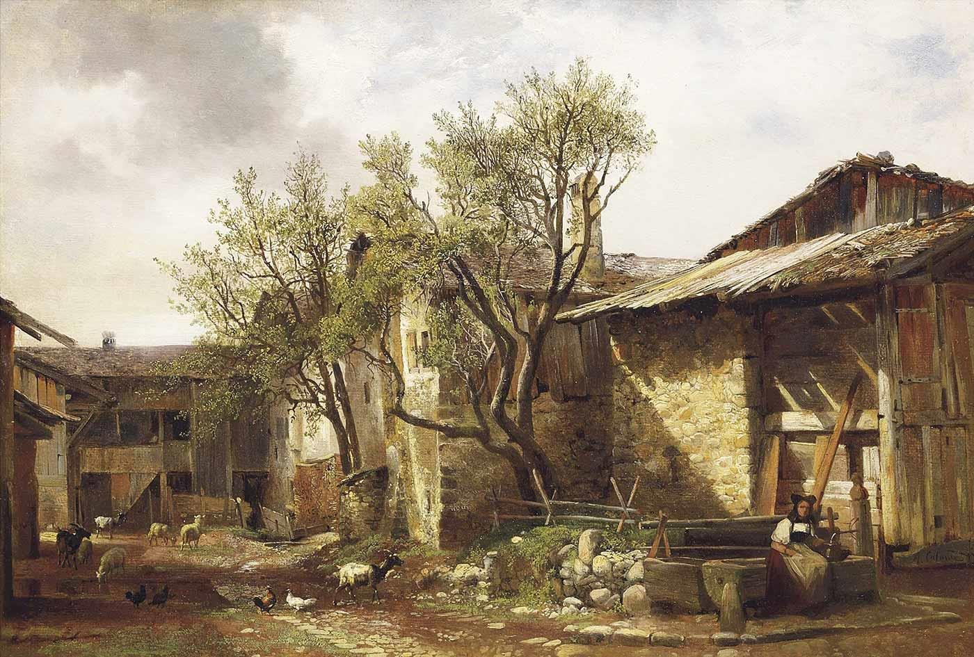 Alexandre Calame Köy Yeri ve Hayvanlar Kanvas Tablo