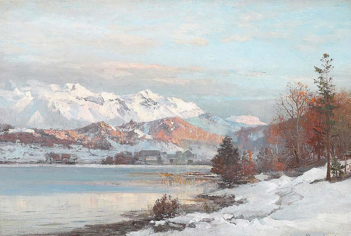Anders Andersen-Lundby Dağlar ve Gölün Üzerinde Sabah Işıkları Kanvas Tablo