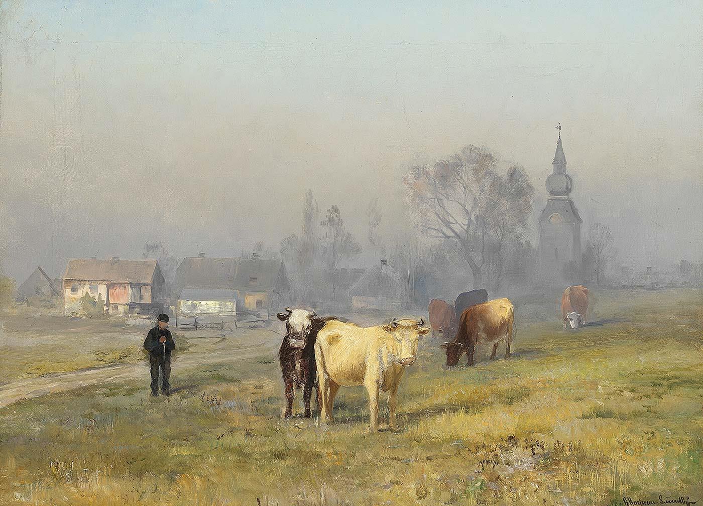 Anders Andersen-Lundby Sabah Vakti Tarlada İnekler Kanvas Tablo