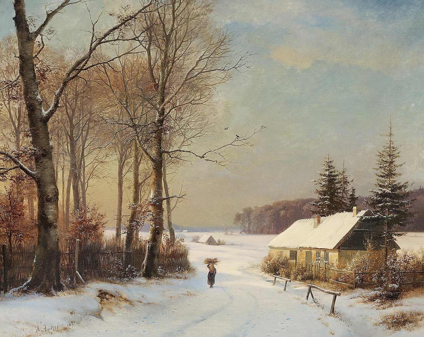 Anders Andersen-Lundby Bir Evin Yanından Geçen Bir Kadın ve Kış Manzarası Kanvas Tablo